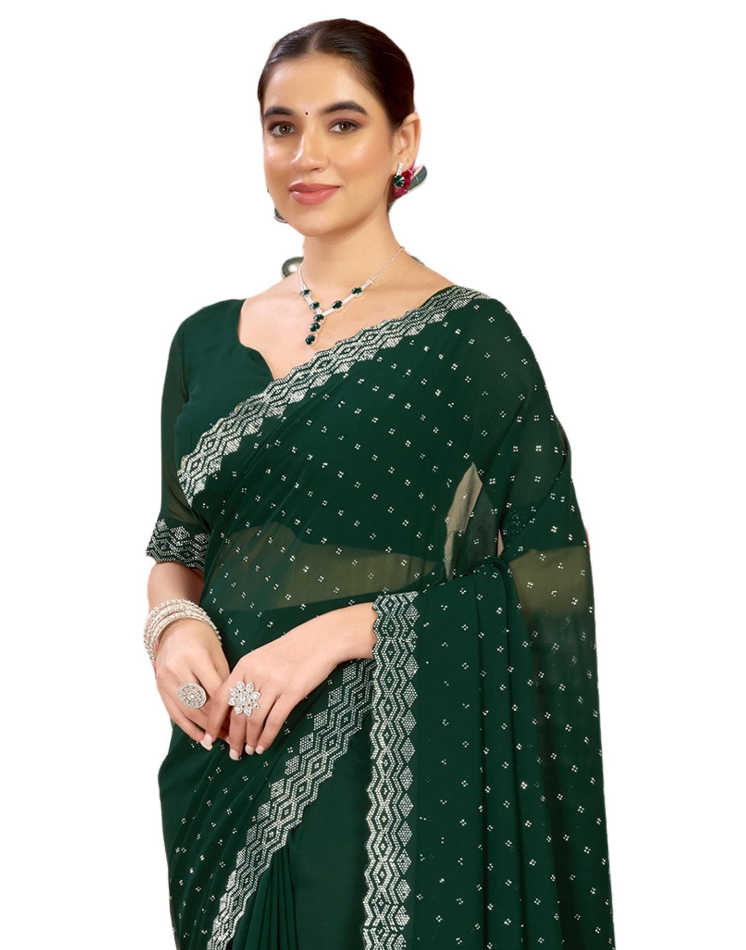 SIRIL Women's Georgette Hot Fixing Stone Work Saree With Unstitched Blouse Piece (4085S182_Light Turquoise)
