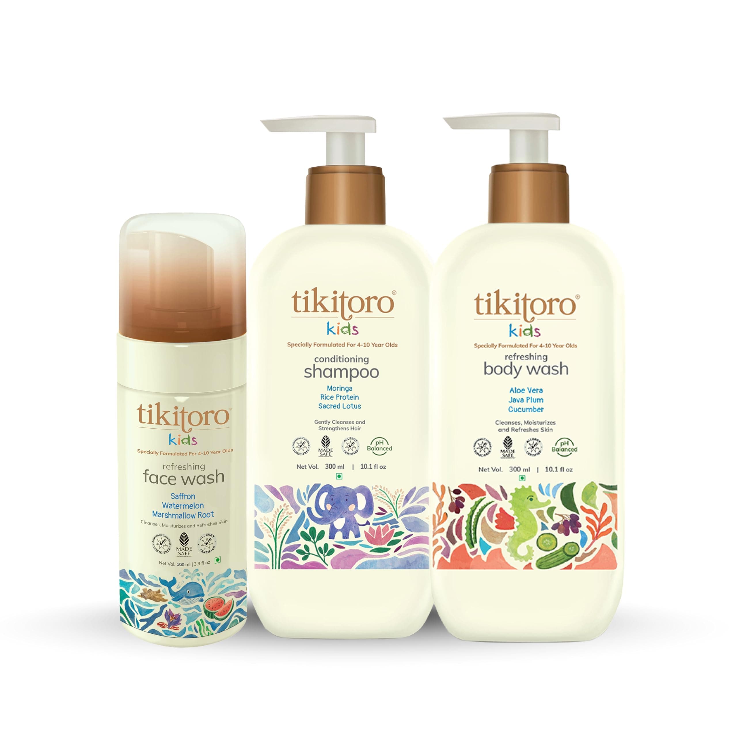 Tikitoro Kids Shower Essentials Combo Pack Contains Refreshing Body Wash, Conditioning Shampoo, & Refreshing Face Wash, 100% Vegan, For All Skin Types, (Age: 4+ Years) (300ml x 2 & 100ml x 1)