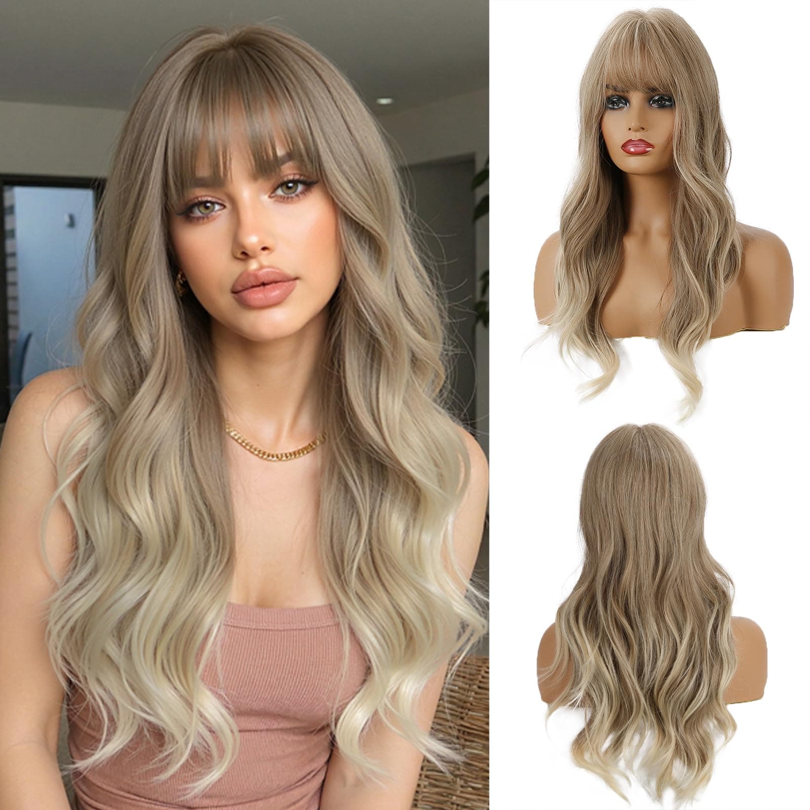 Huasea 24 Inches Long Blonde Wigs for Women Natural Wavy Hair Synthetic Wig With Bangs (Free Wig Cap)
