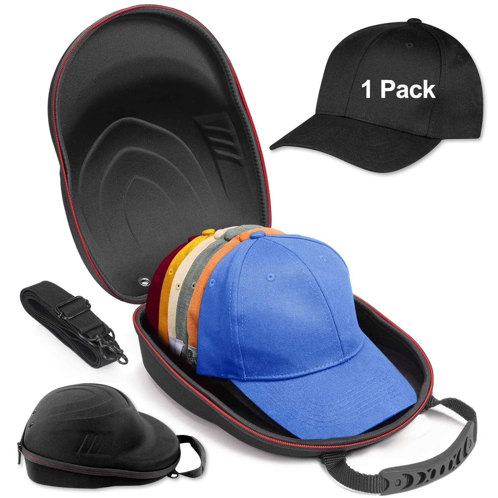 Hard Hat Case for Baseball Caps,Hat Carrier Travel Case with One Black Baseball Cap and Adjustable Shoulder Strap,Hat Organizer Holder Bag for 6 Baseball Caps (Black)