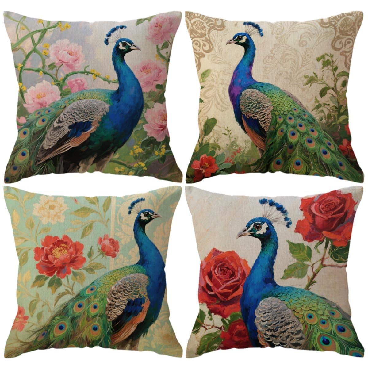 ULOVE LOVE YOURSELF 4Pack Peacock Throw Pillow Covers Only Decorative Square Pillowcases Cotton Linen Cushion Cover 18 X 18 Inch (Peacock)