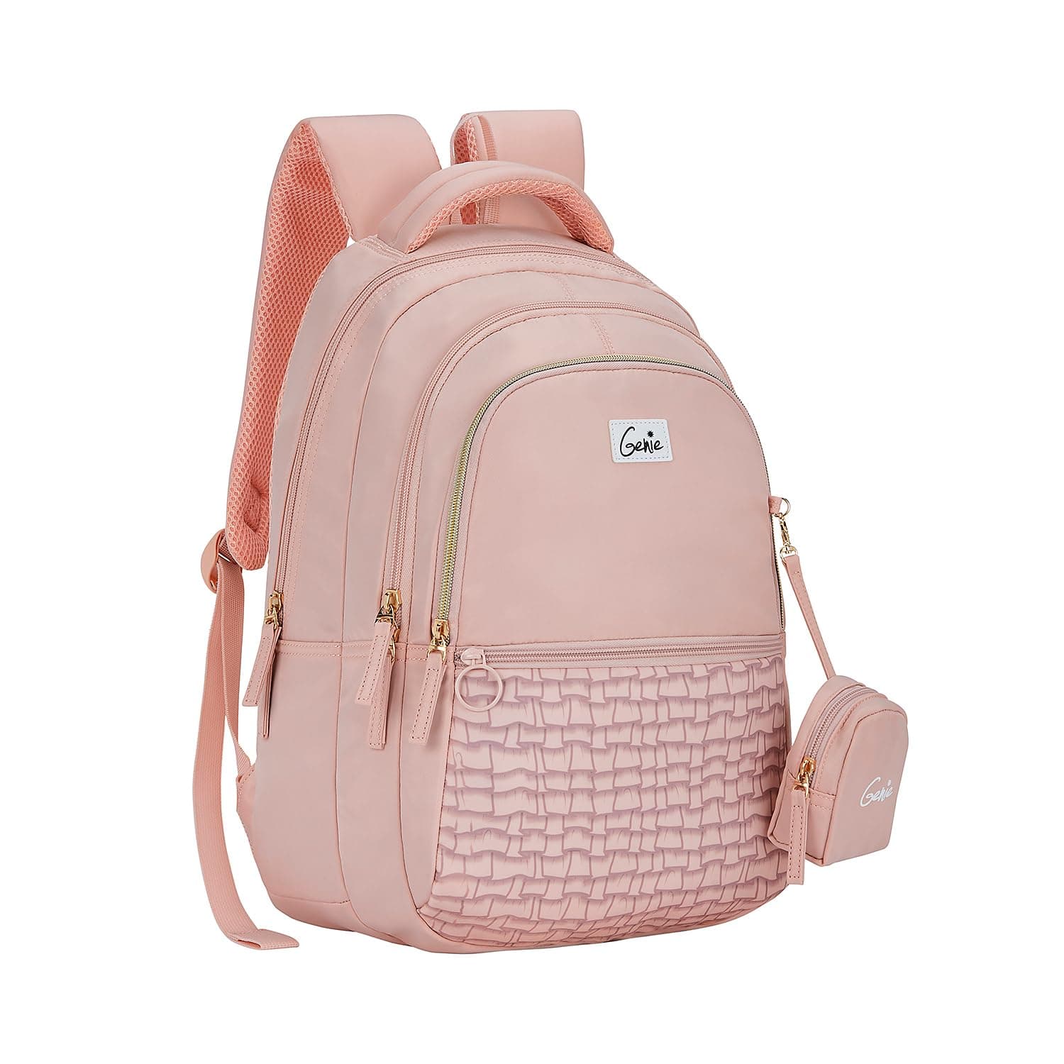 Genie Jewel School Backpack for Girls |17 In-27 Ltr with Three Compartments, Side Pockets and Light Weight with Padded Shoulders |Best for Books,Stationery, Lunch Box & Essentials - Beige
