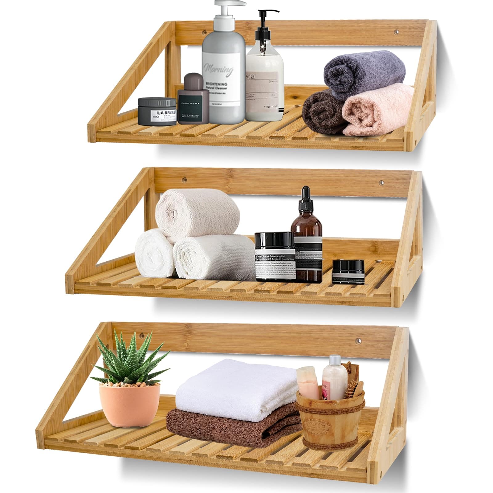 ONEHAUS Floating Shelves Wall Mounted 3 Pcs Bamboo Wall Hanging Rack Holder