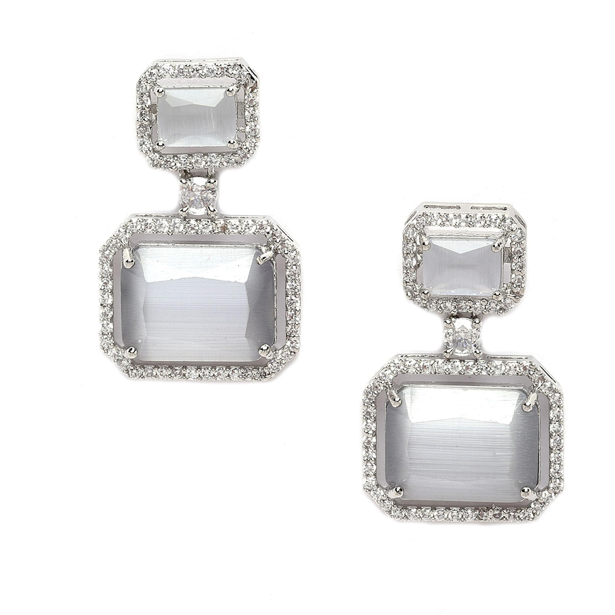 ZENEME Rhodium-Plated Silver toned Grey American Diamond Drop Earrings for Women & Girls Square Earring with Crystal AD Detailing Jewellery