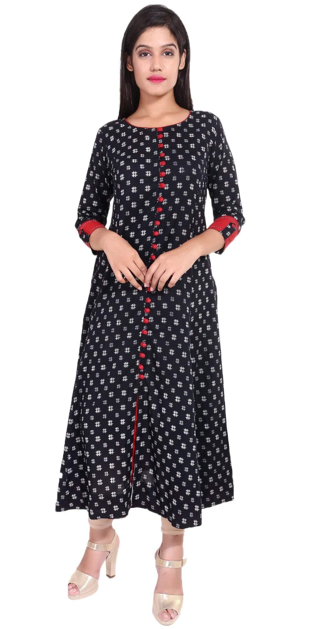 Yash Gallery Women's Cotton Printed Anarkali Kurta for Women (9YK148BLACK_Black_Small)