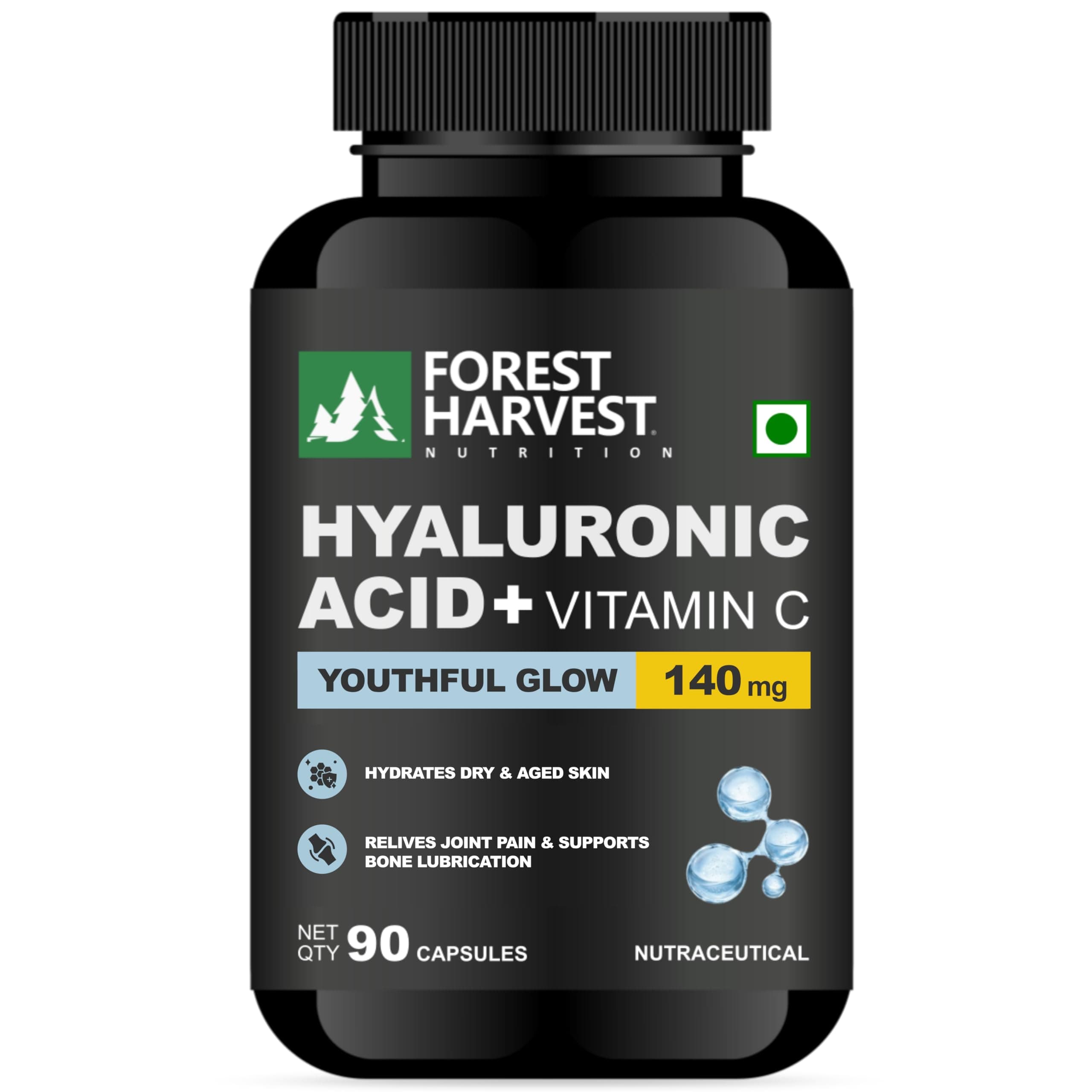 Forest Harvest Hyaluronic Acid 100mg + Vitamin C 40mg | 90 Veg Capsules | Deep Skin Hydration, Glow & Joint Support | 2X Strength Antioxidant Formula | WHO-GMP, ISO & HACCP Certified