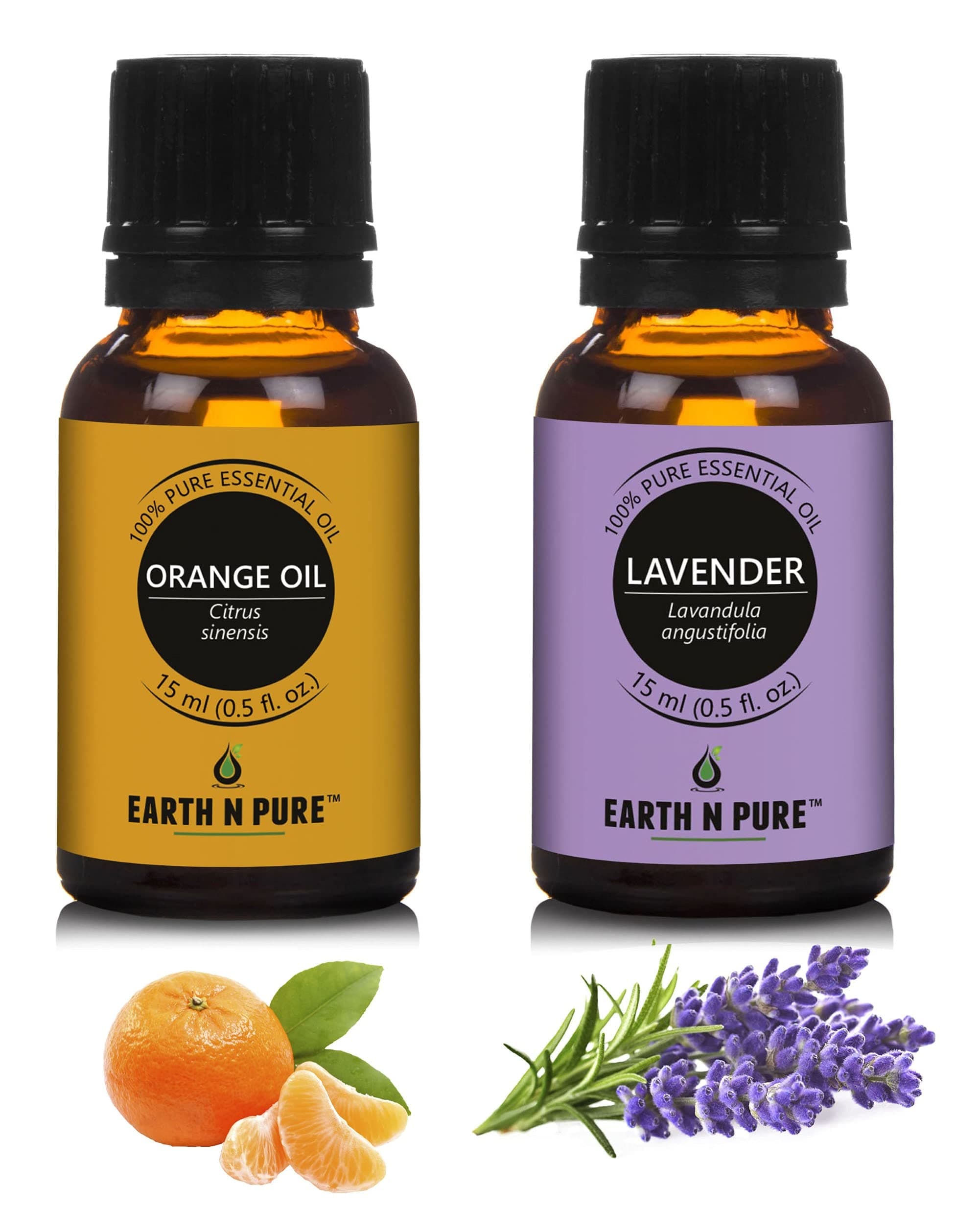 Earth N Pure Lavender & Orange Essential Oils | Pack of 2 (15 ml each) | 100% Pure, Undiluted, Natural and Therapeutic Grade - Perfect for Aromatherapy, Skin Therapy & More
