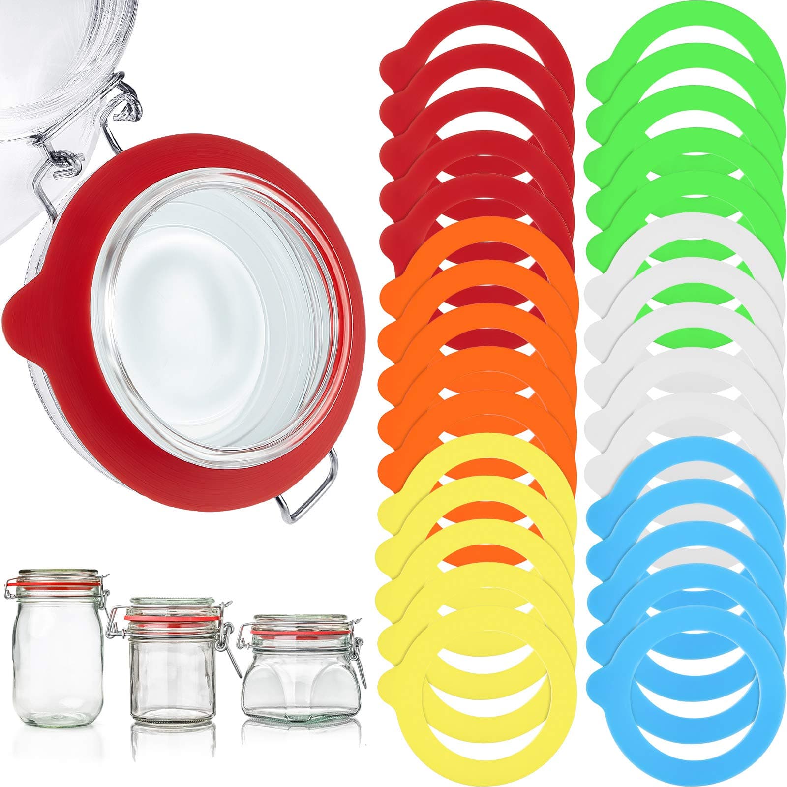 30 Pcs 3.75 Inches Silicone Jar Gaskets Replacement Airtight Rubber Seals Rings for Glass Clip Top Jar Leakproof Colorful Gasket Sealing Rings for Mason Jars Regular Mouth Canning Jars, 6 Colors