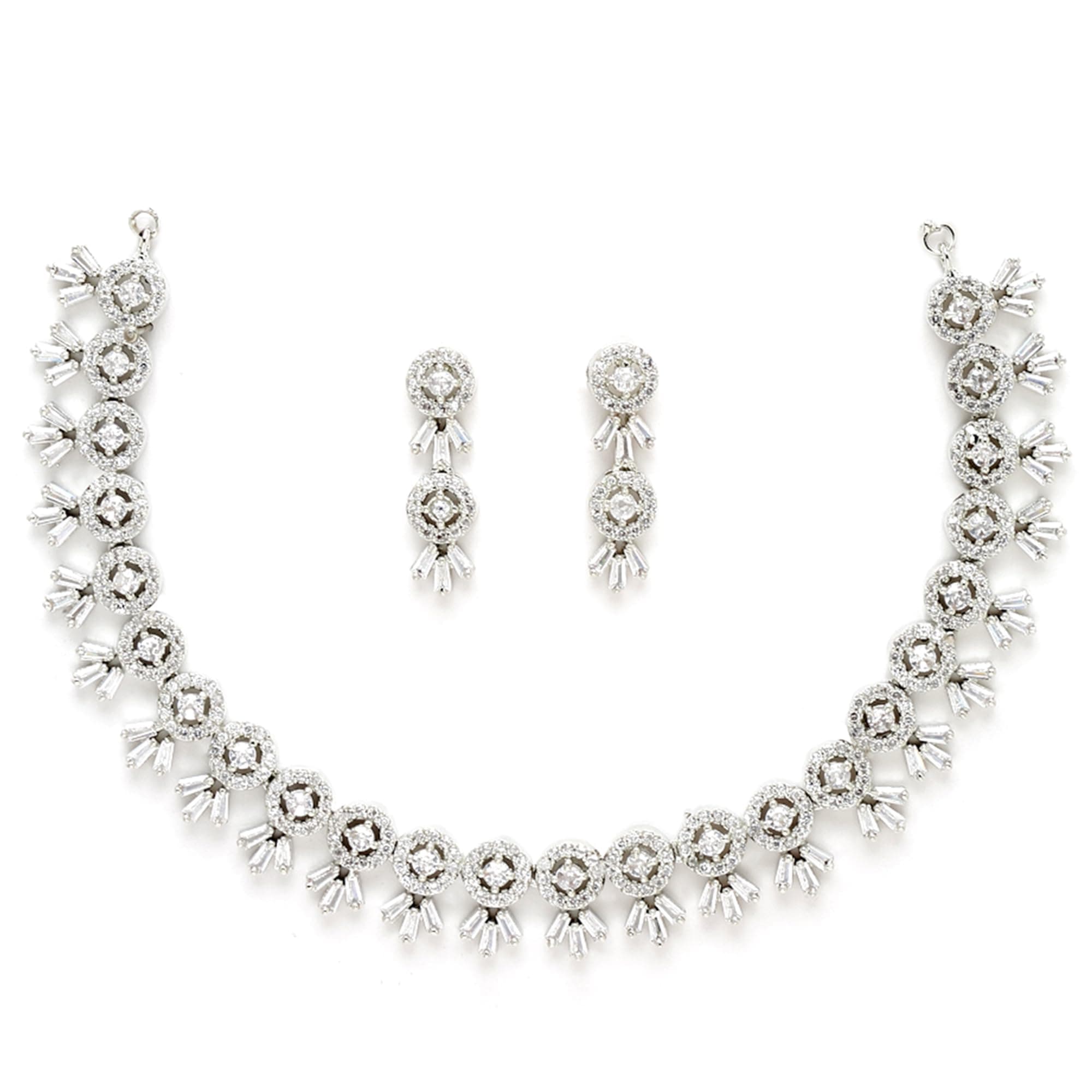 ZENEME Silver-Plated White American Diamond Necklace Set with Earrings for Women & Girls Silver-Toned Crystal Jewellery Set For Womens