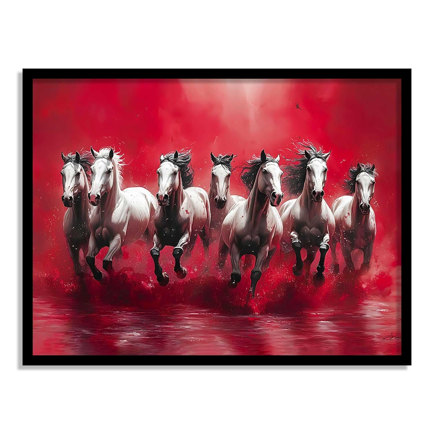 kotart Seven Running Horses Vastu Framed Wall Art | Powerful Energy & Prosperity Décor for Living Room, Bedroom, Office | Red Aesthetic Painting