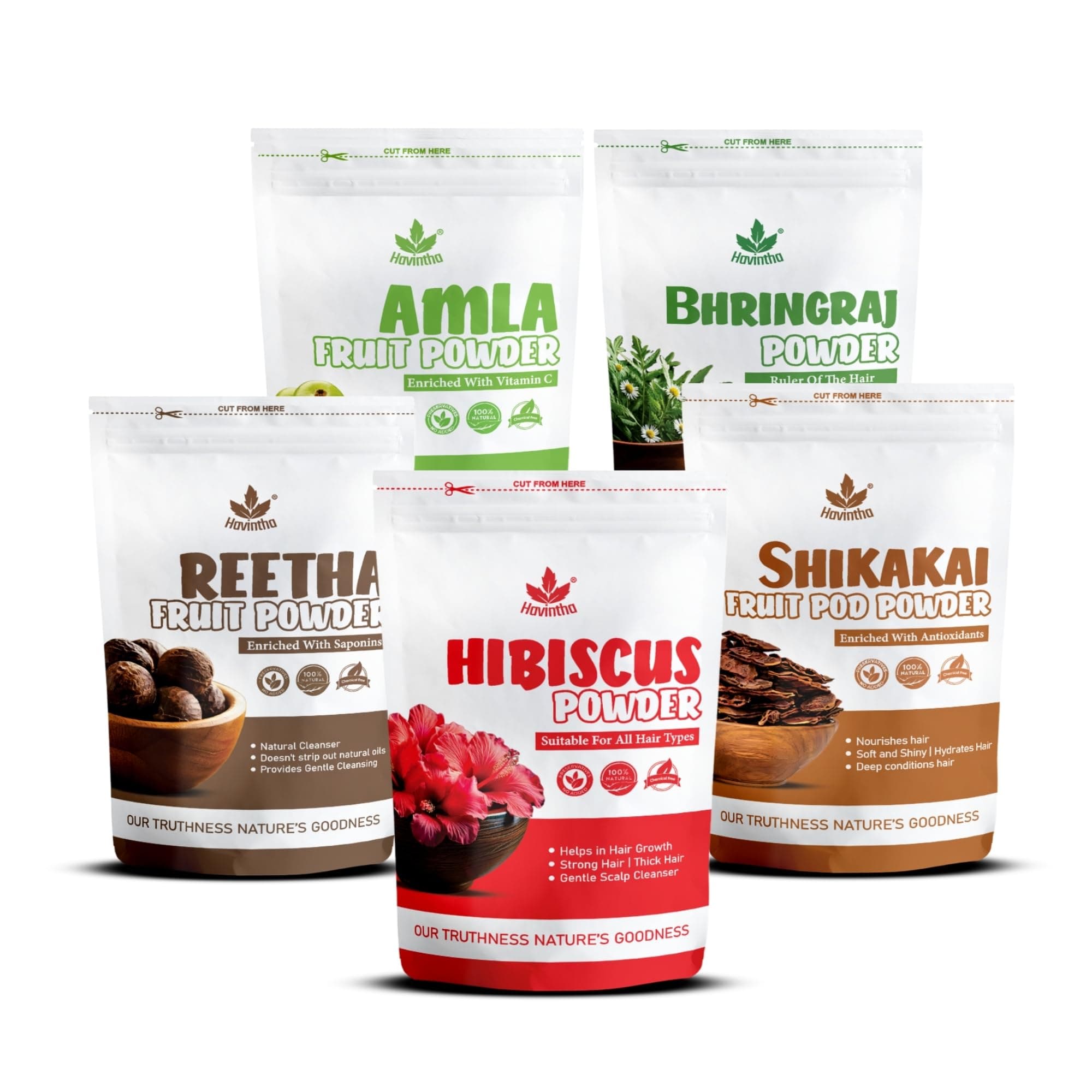 Havintha 500g Combo Amla, Reetha, Shikakai, Bhringraj & Hibiscus Powder for Hair Care | Herbal Hair Growth, Scalp Nourishment, Natural Cleansing & Hair Conditioning | 100g Each (Pack of 5)