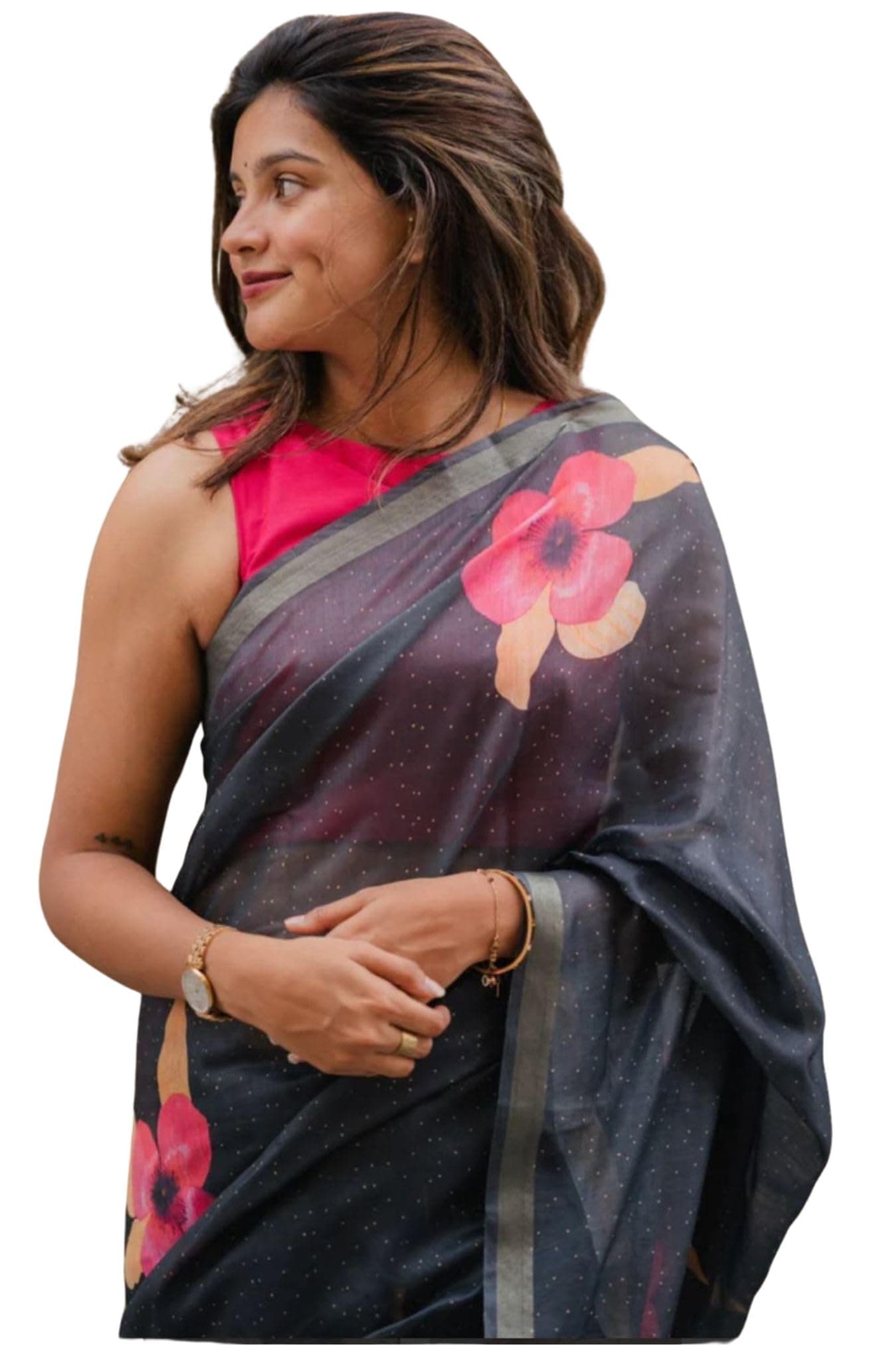 SGF11 Women's Cotton Linen Silk Saree With Unstitched Blouse Piece (Black)