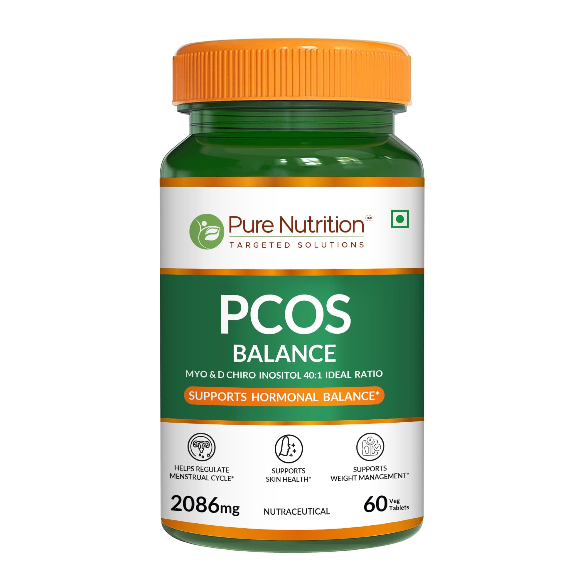 Pure Nutrition PMOS Balance Supplement for Women - 60 Vegetarian Tablets, 40:1 Ratio 2000mg Myo-Inositol to 50mg D-Chiro-Inositol, Helps Regularise Periods, Supports Hormonal Balance & Weight Management