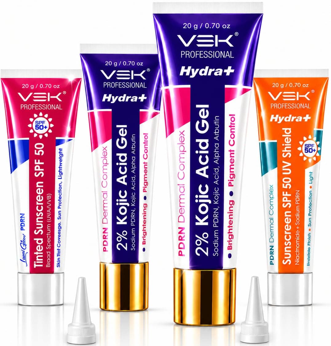 VSK Professional Hydrate 2% Kojic Acid Face Serum in Gel with PDRN Dermal Complex, Glow Sunscreen & Tinted Sunscreen SPF 50+ | Alpha Arbutin Brightening Treatment for Dark Spots, Melasma & Uneven Skin Tone | Lightweight Non-Greasy Daily Use Combo |4 Tubes 20g each