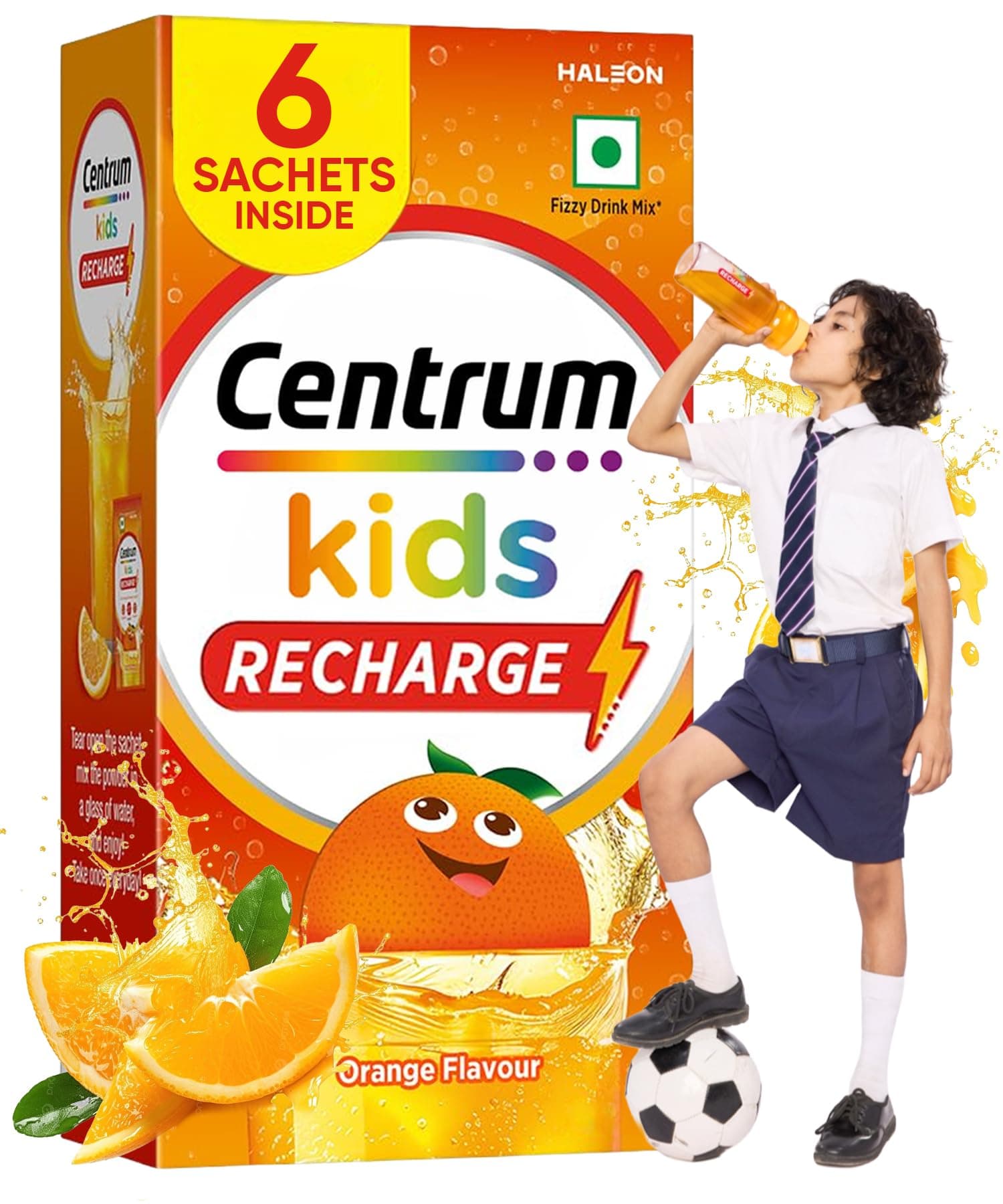 Centrum Kids Recharge: Fizzy Drink Mix with No Added Sugar for Energy, Immunity, Hydration - Anytime, Anywhere!! - ORANGE FLAVOUR - Pack of 6 sachets
