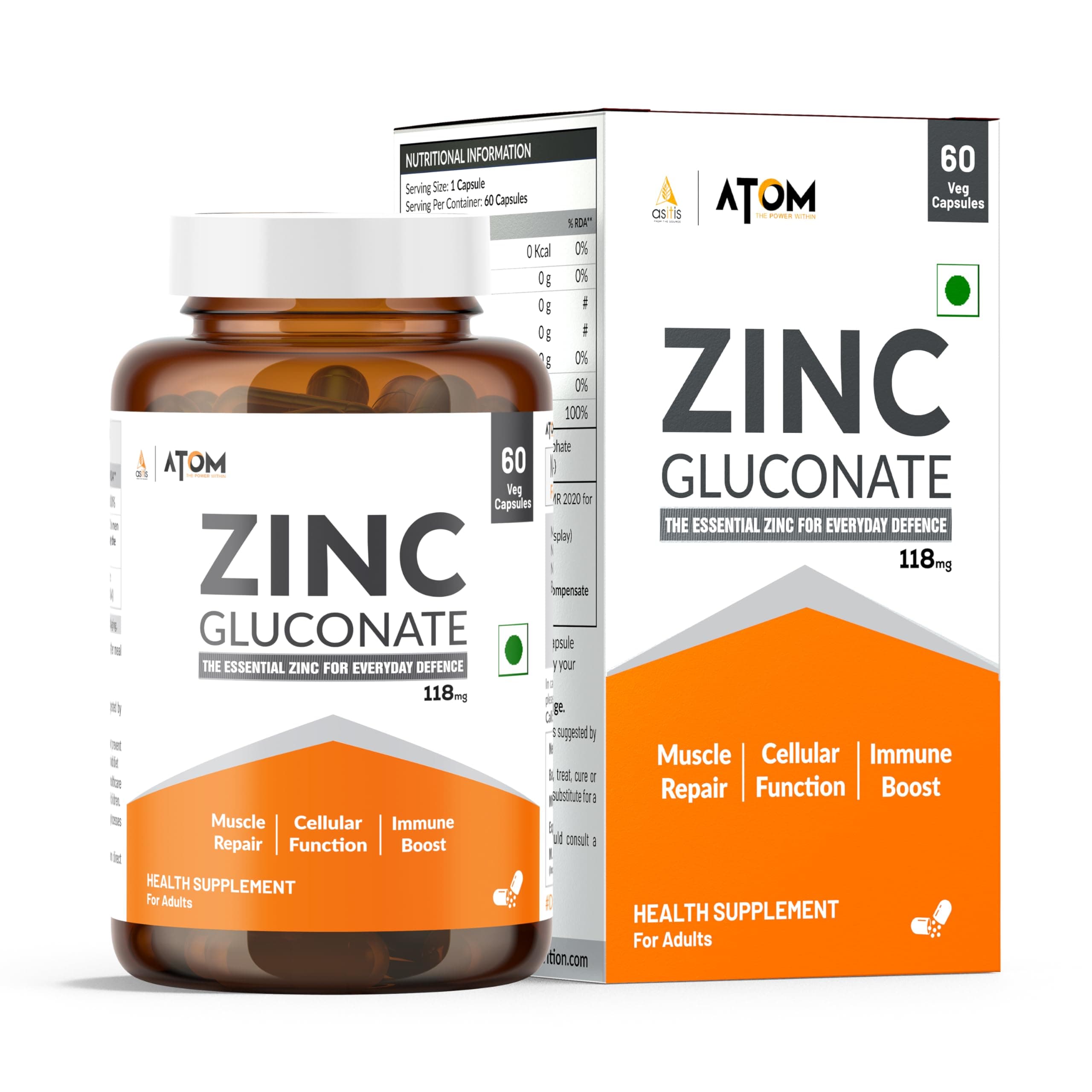 AS-IT-IS Nutrition ATOM Zinc Gluconate 118mg I 17mg Elemental Zinc I 60 Veg Capsules I Energy, Immunity, Skin Health & Antioxidant Support