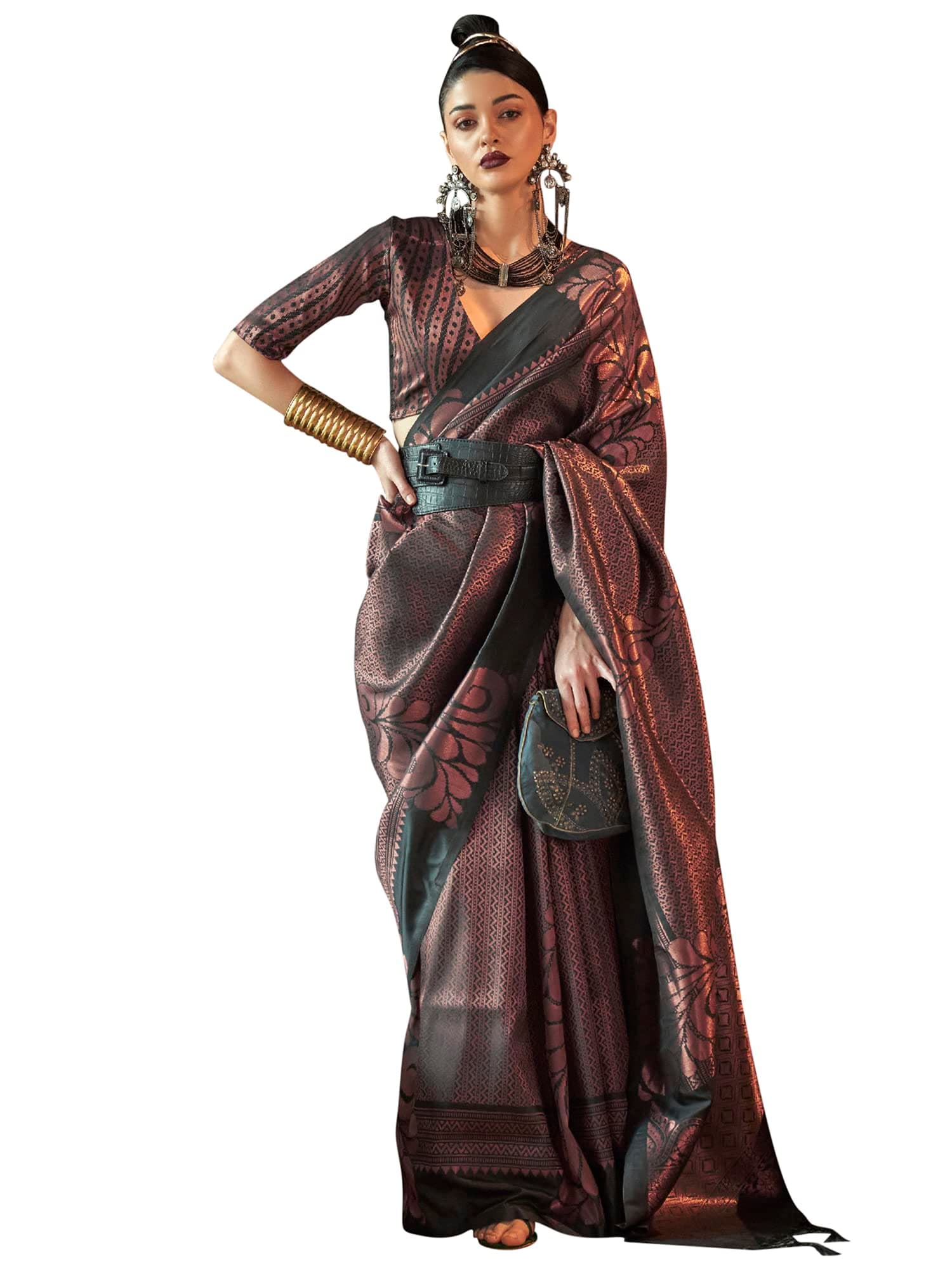 AKHILAM Women's Banarasi Silk Kanjivaram Pattu Woven Design Saree With Unstitched Blouse Piece (KNMNI2001_RJ_Parent)