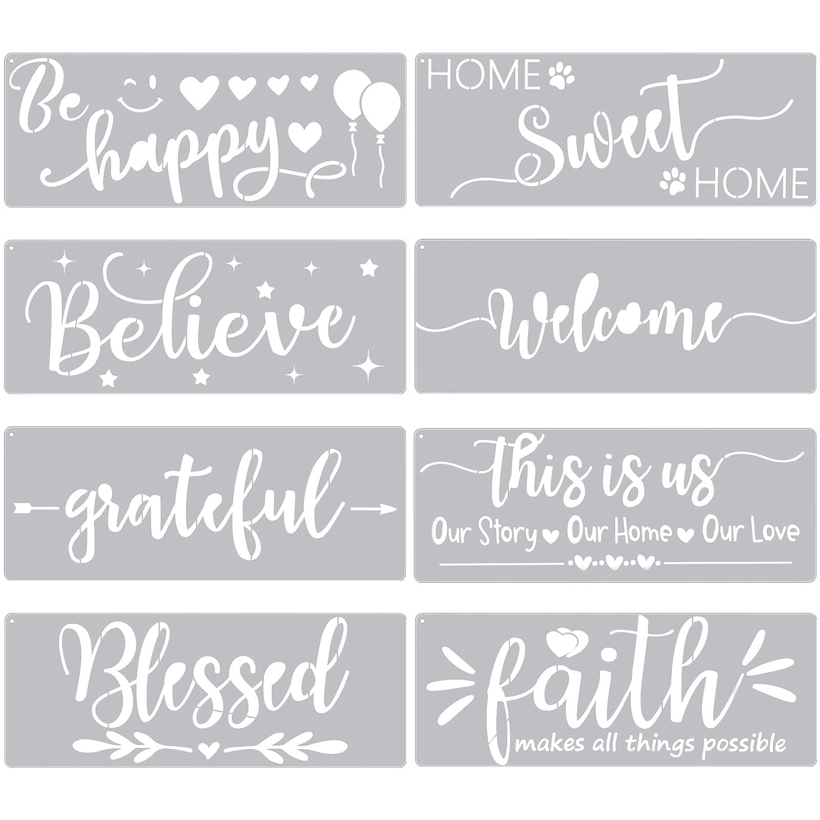 8 Pieces Stencils Painting on Wood Welcome Sign Stencils Large Word Inspirational Word Stencils Reusable Plastic Stencils for Painting on Wood Crafts Home Decorations