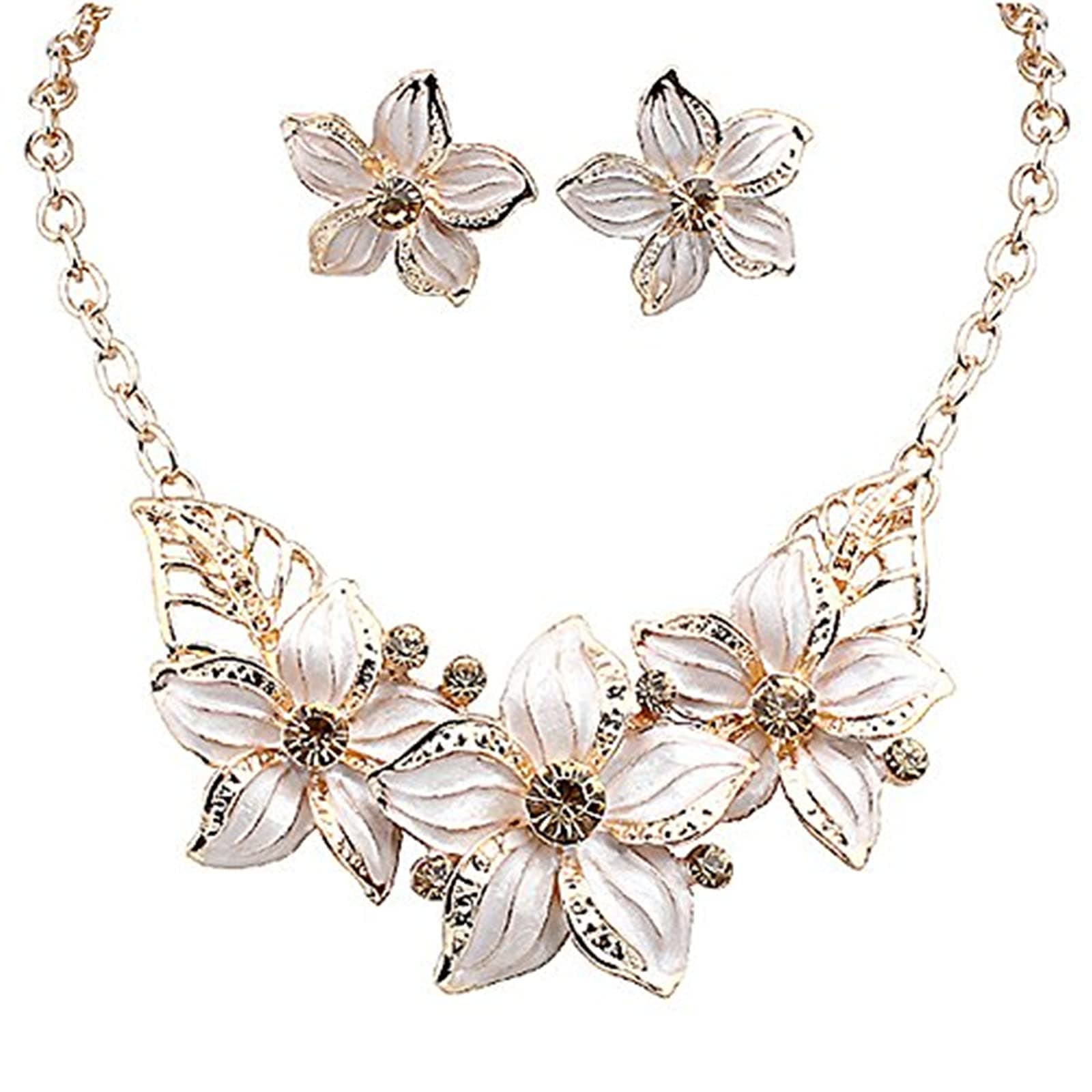 Zittop Fashion Women Crystal Flower Statement Gold Plated Necklace Earrings Jewelry Set, 15 inches, Alloy, Rhinestone, Rhinestone
