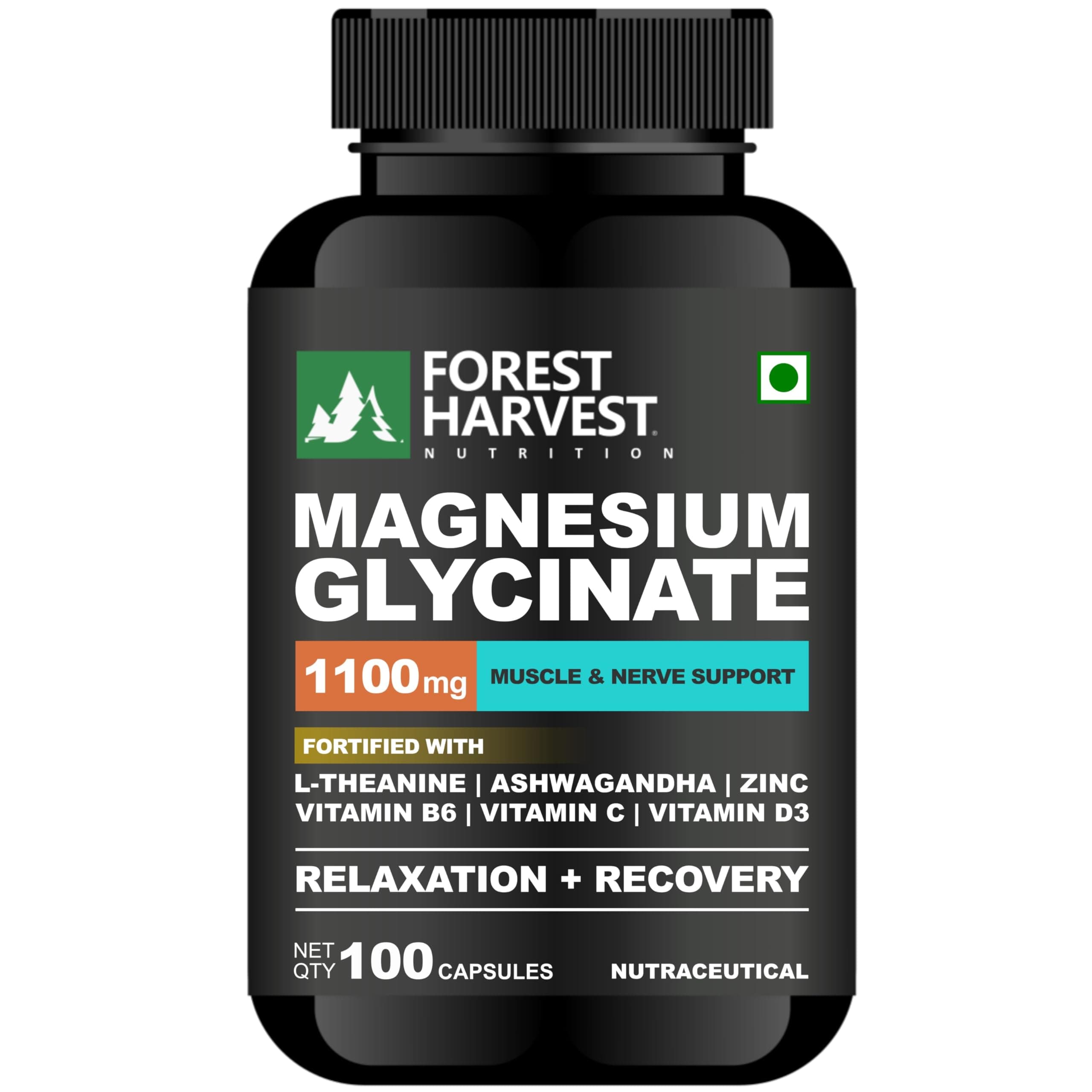 Forest Harvest Magnesium Glycinate 1100mg with L-Theanine, Ashwagandha, Zinc, Vitamin B6, C & D3 | 100 Veg Capsules | WHO-GMP, HACCP, ISO Certified