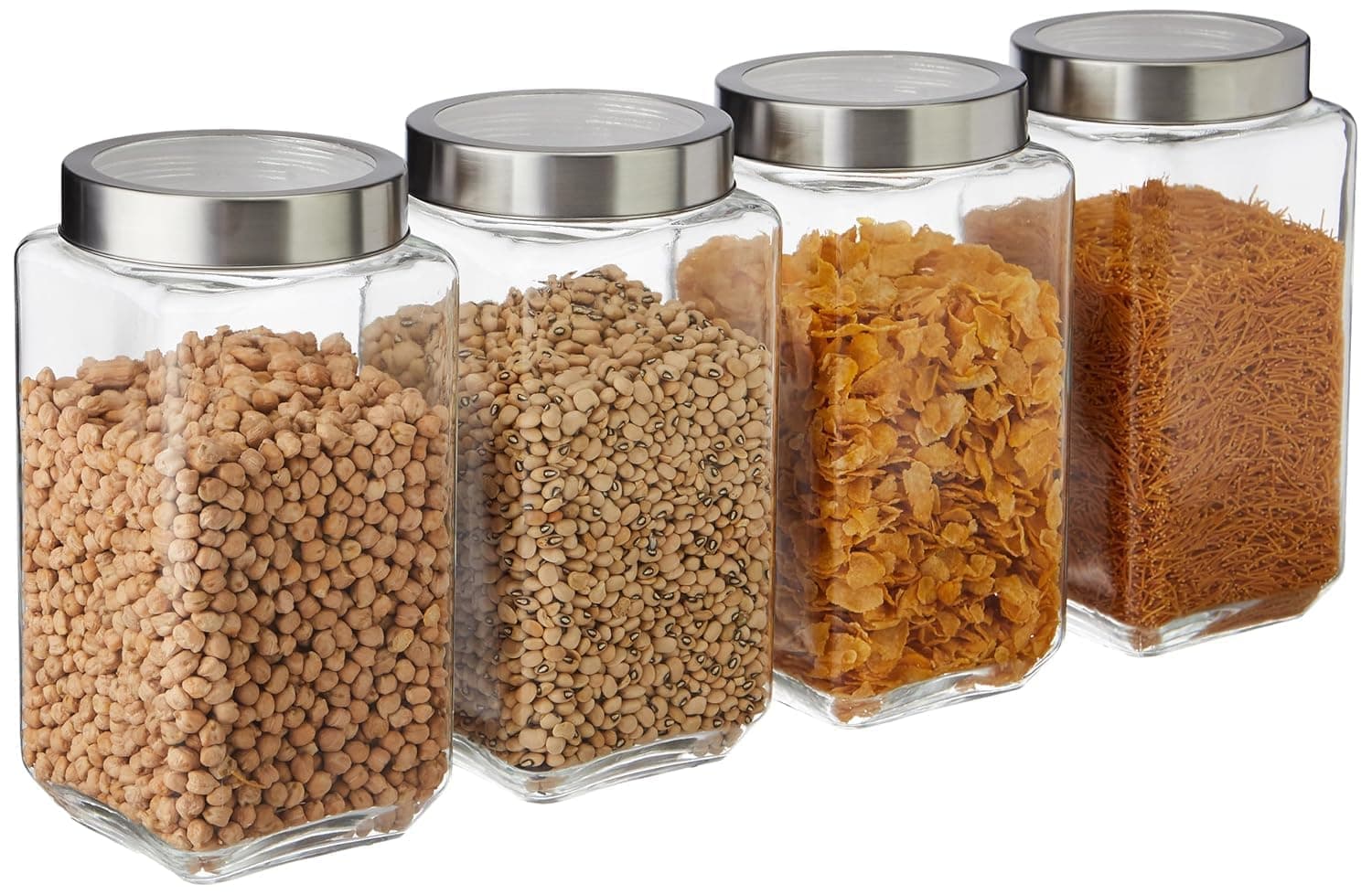 JEXE Glass Jars 1000ml (Set of 4) | 1kg Square Airtight Kitchen Storage Containers – Glass Jars for Masala, Dry Fruits, Rice, Flour, Sugar, Dal, Snacks Pantry Use