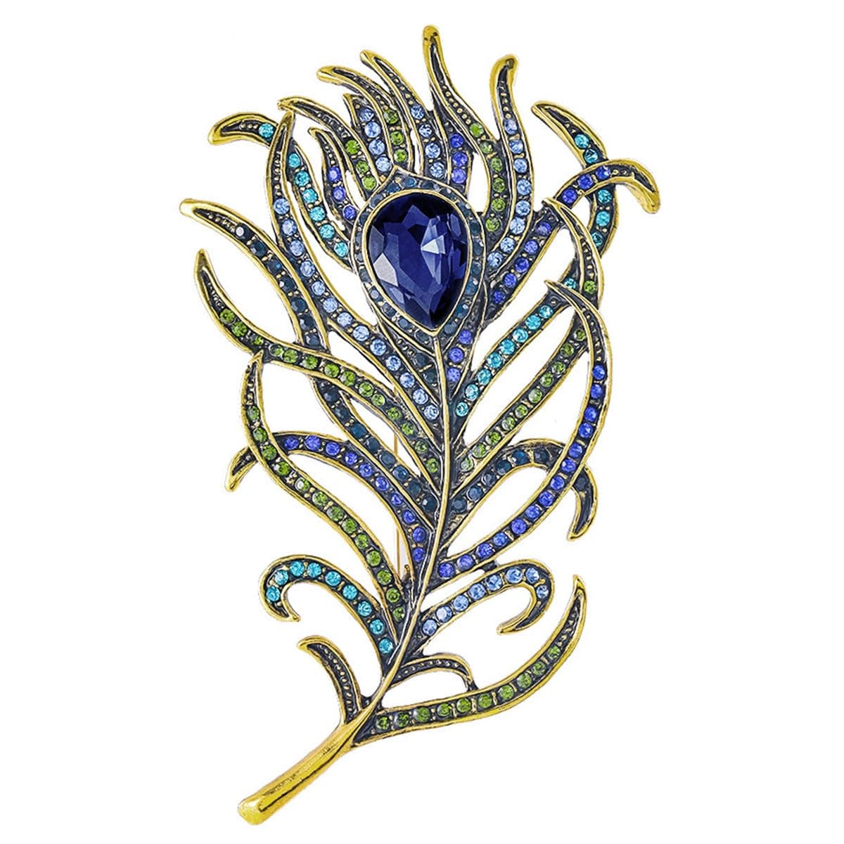 Mecool Women's Vintage Peacock Feather Brooch Pins Simulated Crystal Teardrop Plume Brooch