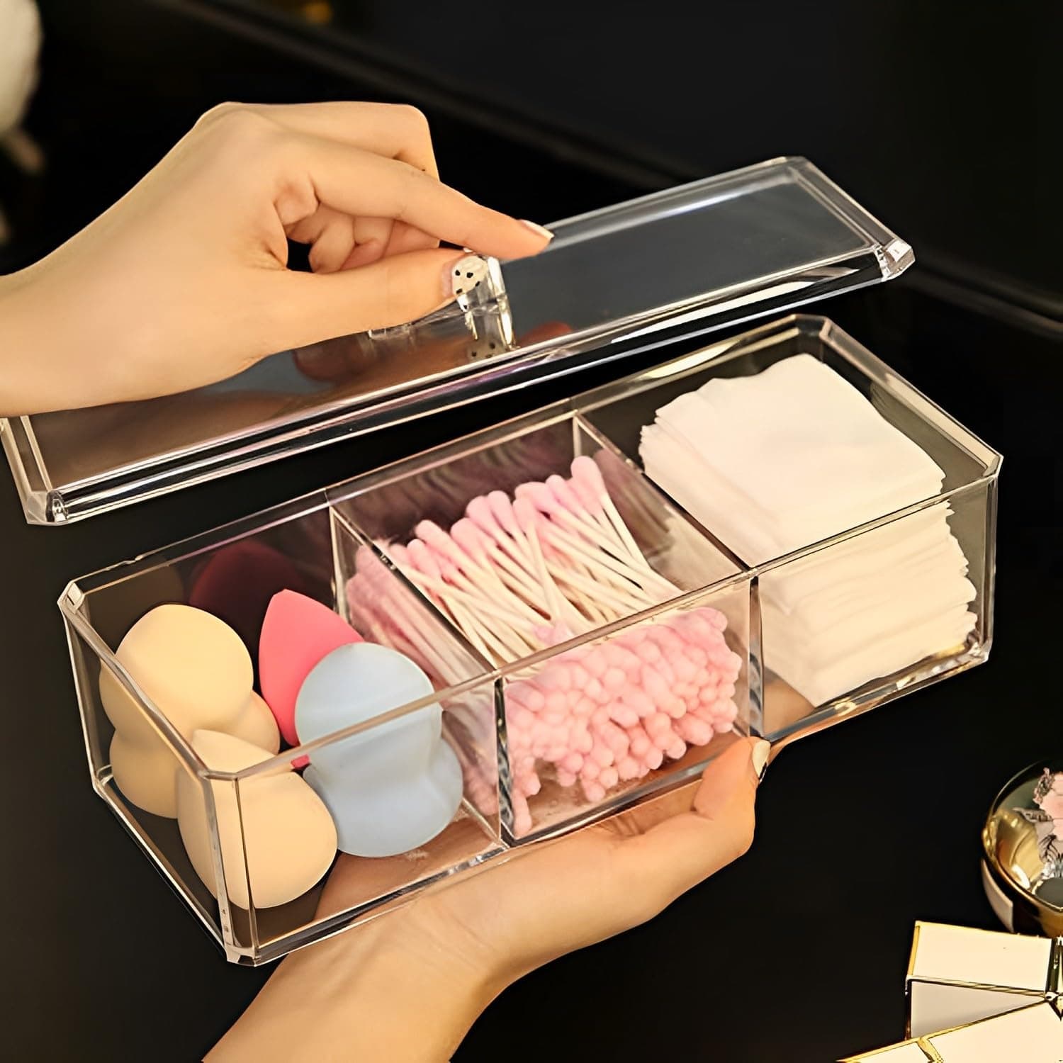 Sooyee Rectangle Cotton Ball and Swab Holder Organizer with Lid, Dustproof,Waterproof,Clear Acrylic 3 Compartment Cotton Pad Container for Cotton Swabs, Q-Tips, Make Up Pads, Cosmetics and More