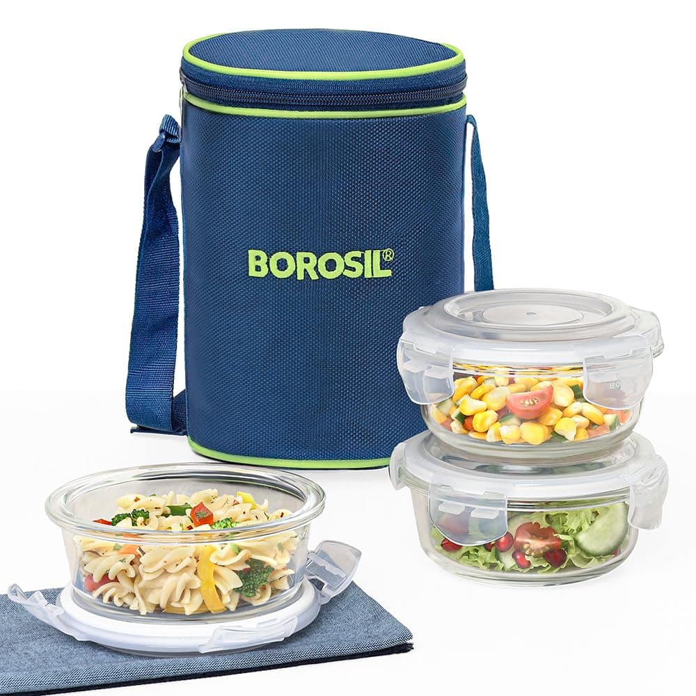 Borosil Klip n Store 400ml x 3 Round Container Lunchbox | Made in India Borosilicate Glass | Microwave & Dishwasher Safe | Tiffin for Office/School/College