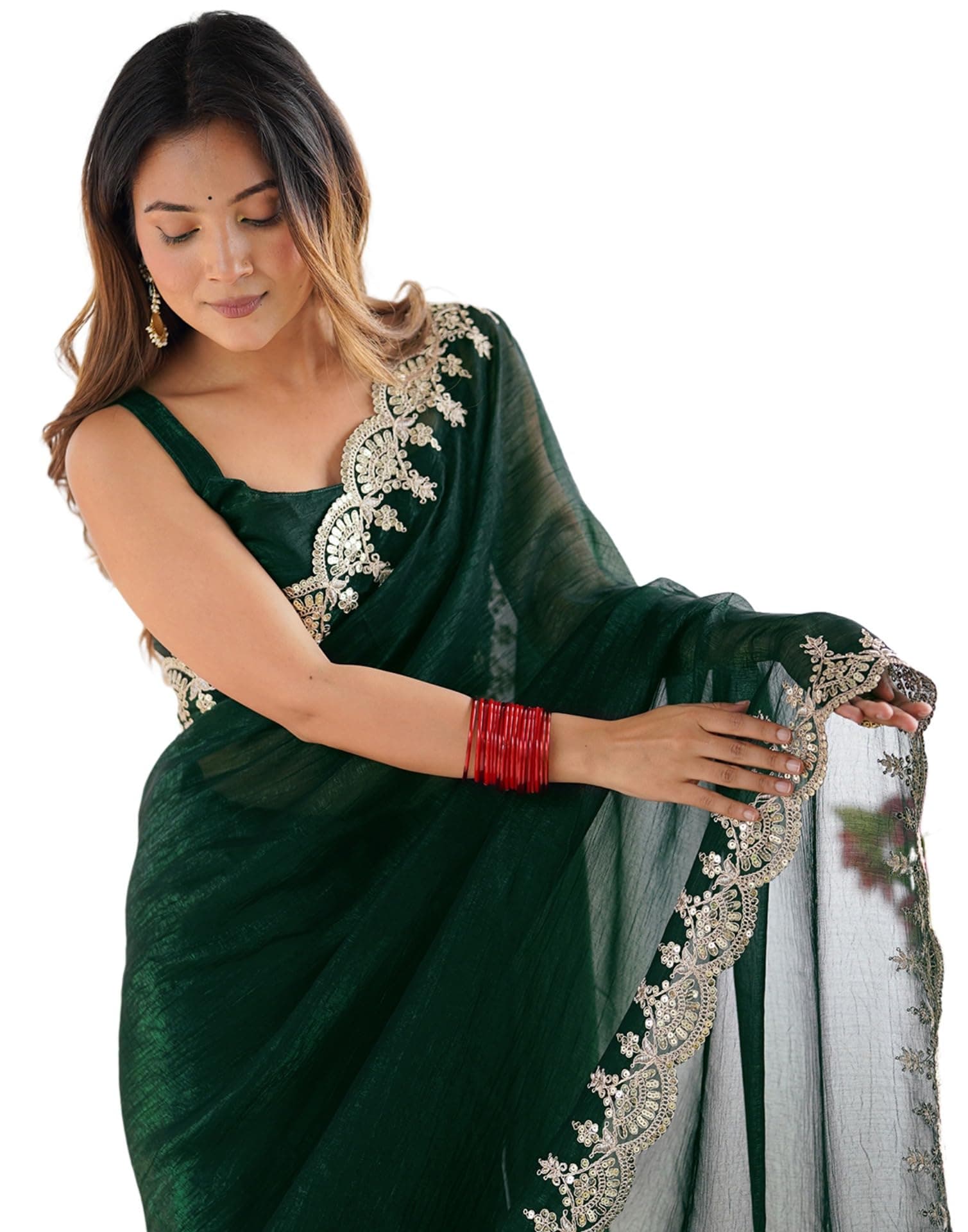 SIRIL Women's Shimmer Chiffon Sequence Embroidery Border Saree With Unstitched Blouse Piece