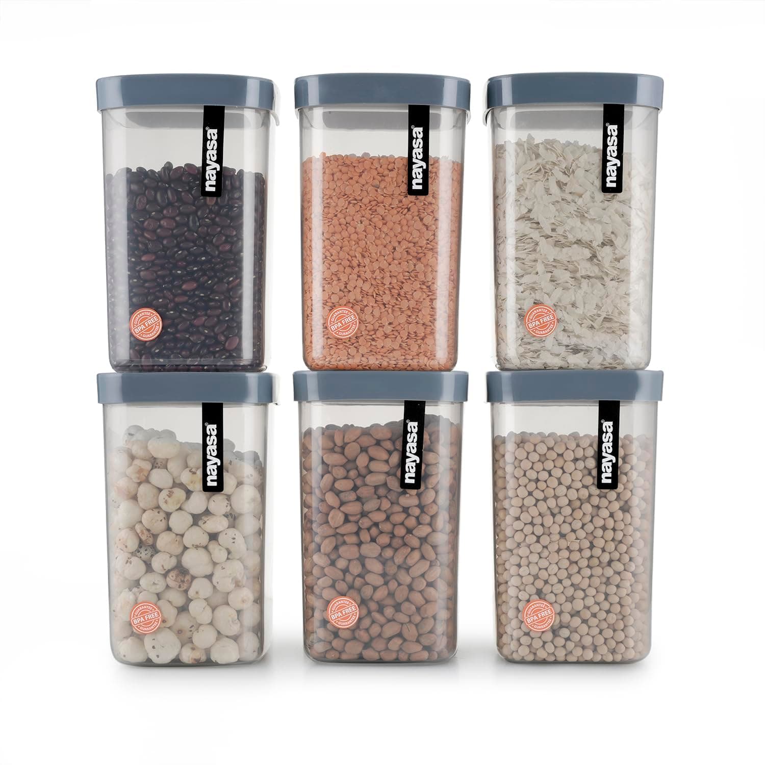 Nayasa Fusion Container 1500 ml BPA Free Food Grade Airtight Kitchen Storage Stackable Containers- Set Of 6 | Grey