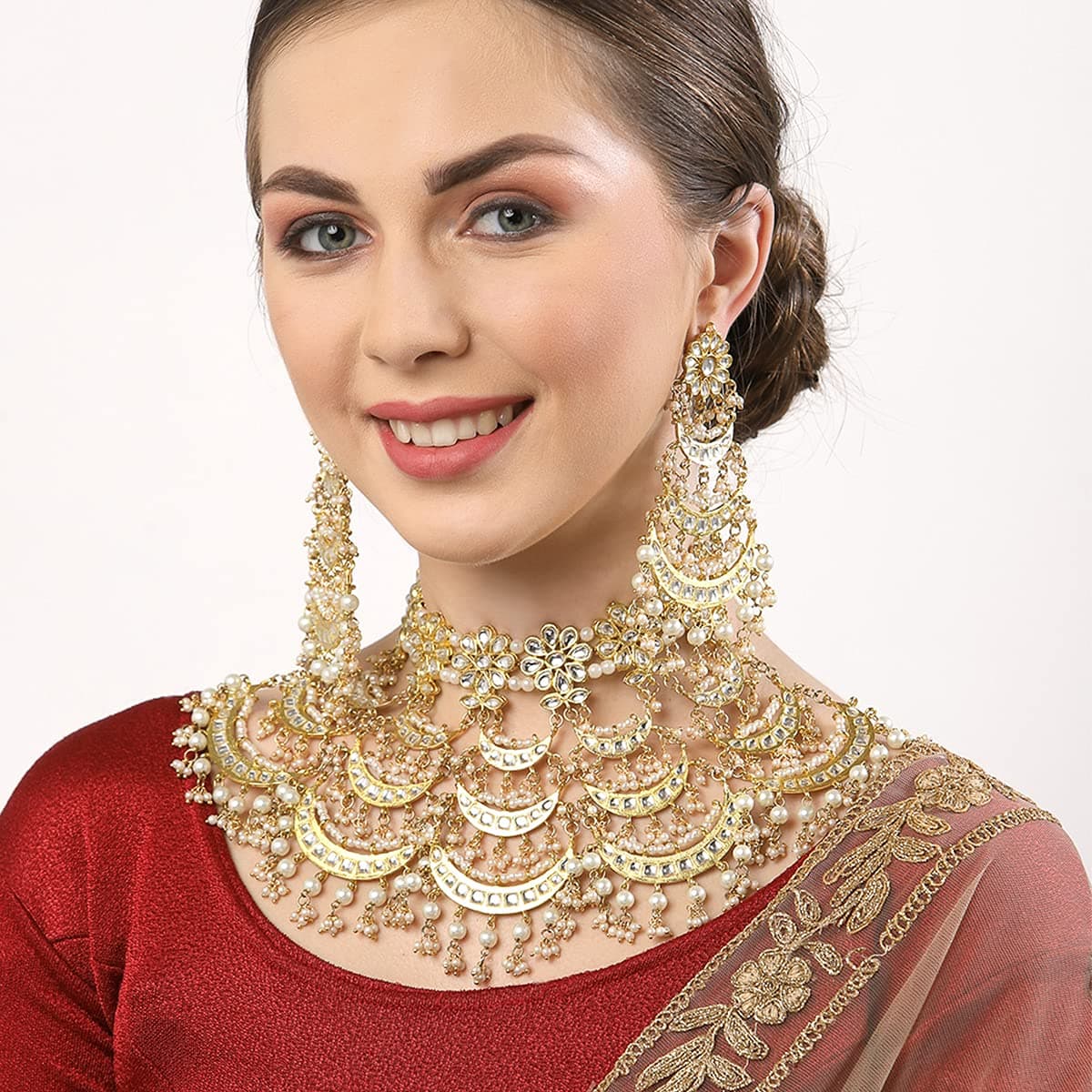 Karatcart Women's Kundan and Pearls Studded Layered Bridal Set