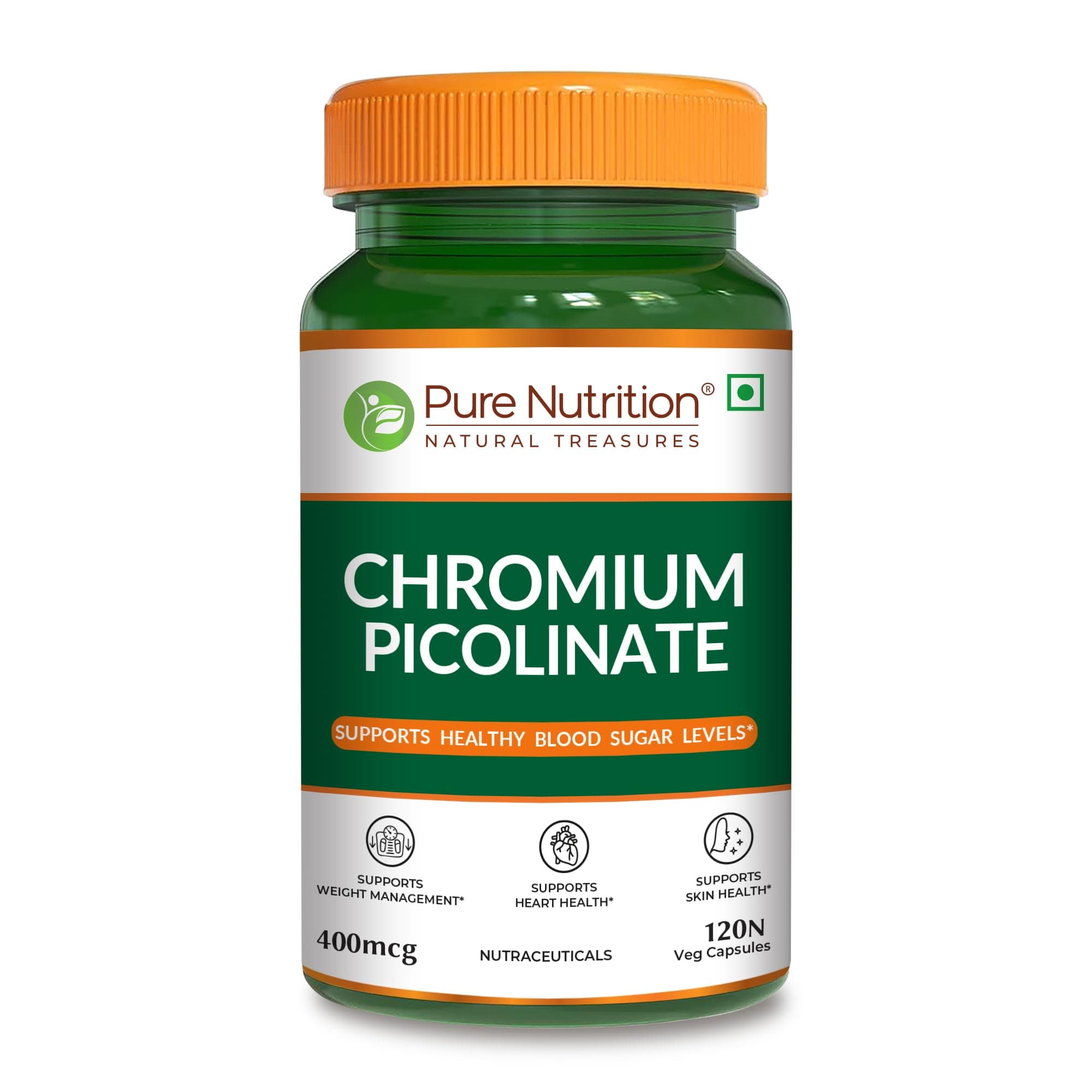 Pure Nutrition Chromium Picolinate Supplements | Chromium Picolinate 400mcg for Healthy Blood Sugar Level | Support Weight Management, Heart Health And Skin Health - 120 Veg Capsules