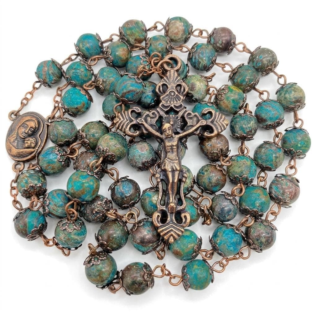 Nazareth Store Natural Stone Rosary Beads Necklace Holy Soil Medal & Cross Crucifix Antique Religious Rosaries Beads Collection