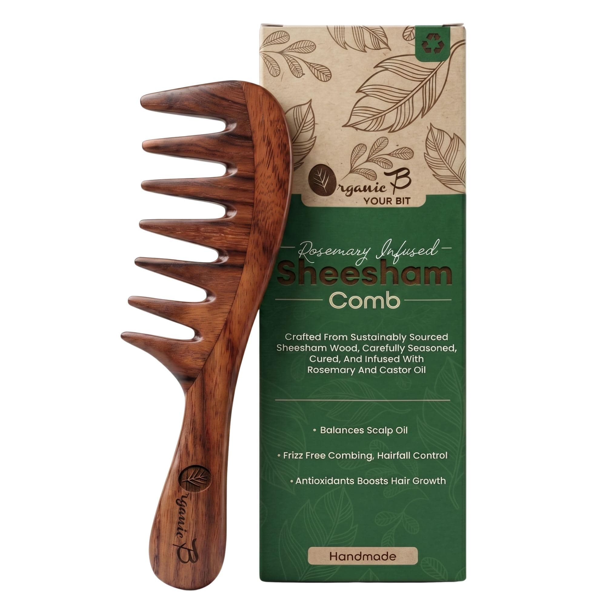 Organic B Rosemary Infused Indian Rosewood Sheesham Extra Wide Tooth Comb for Curly Thick Hair, Detangling Comb with Curved Handle, Anti Frizz Scalp Massage, Gentle on Hair for Women Men, Handmade Wooden Grooming Tool