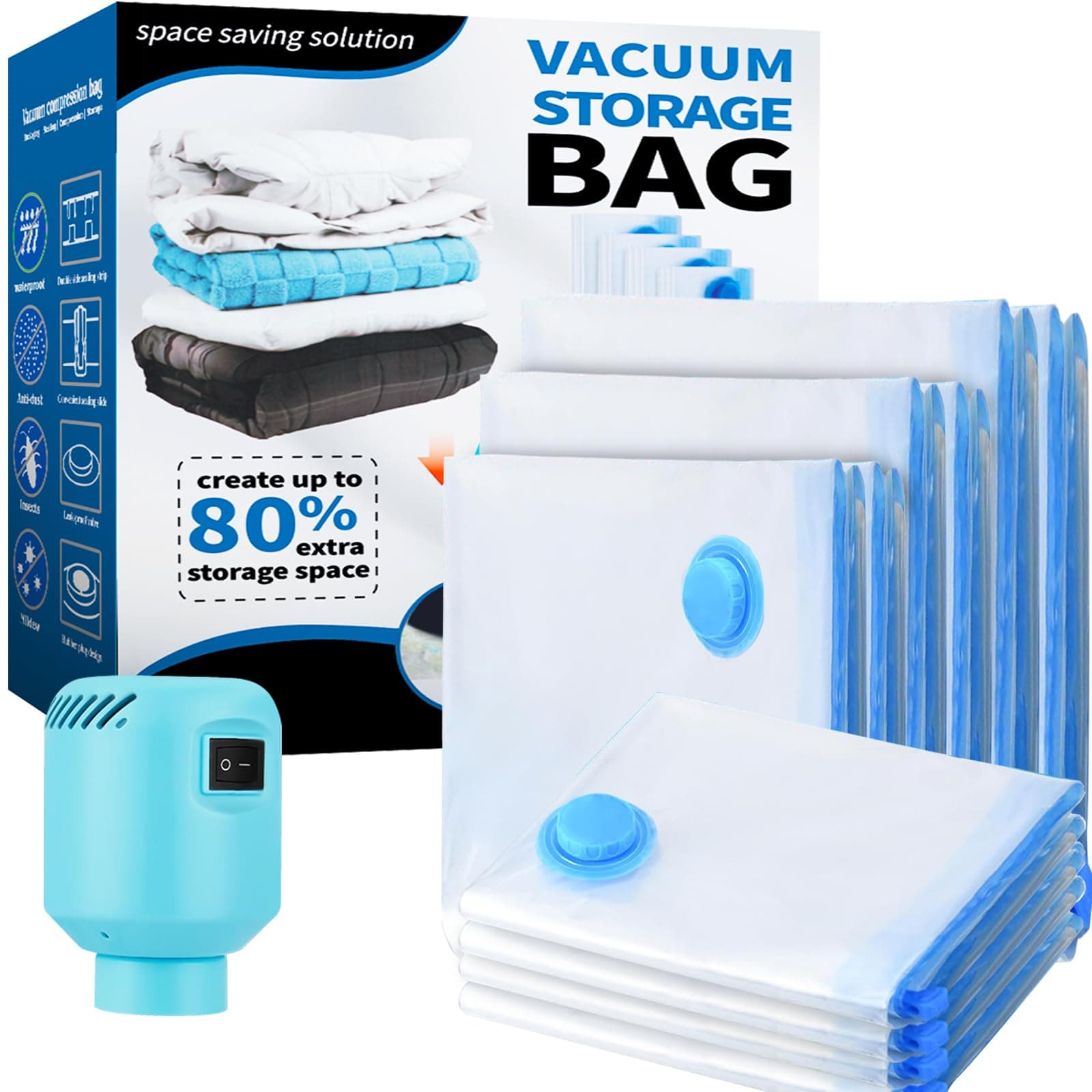 Vacuum Bags for Clothes with Electric Air Pump 10 Bags, 2XL+2L+2M+4S Vacuum Bags for Blankets, Pillows, Duvet, Moving, Quilt, Travel