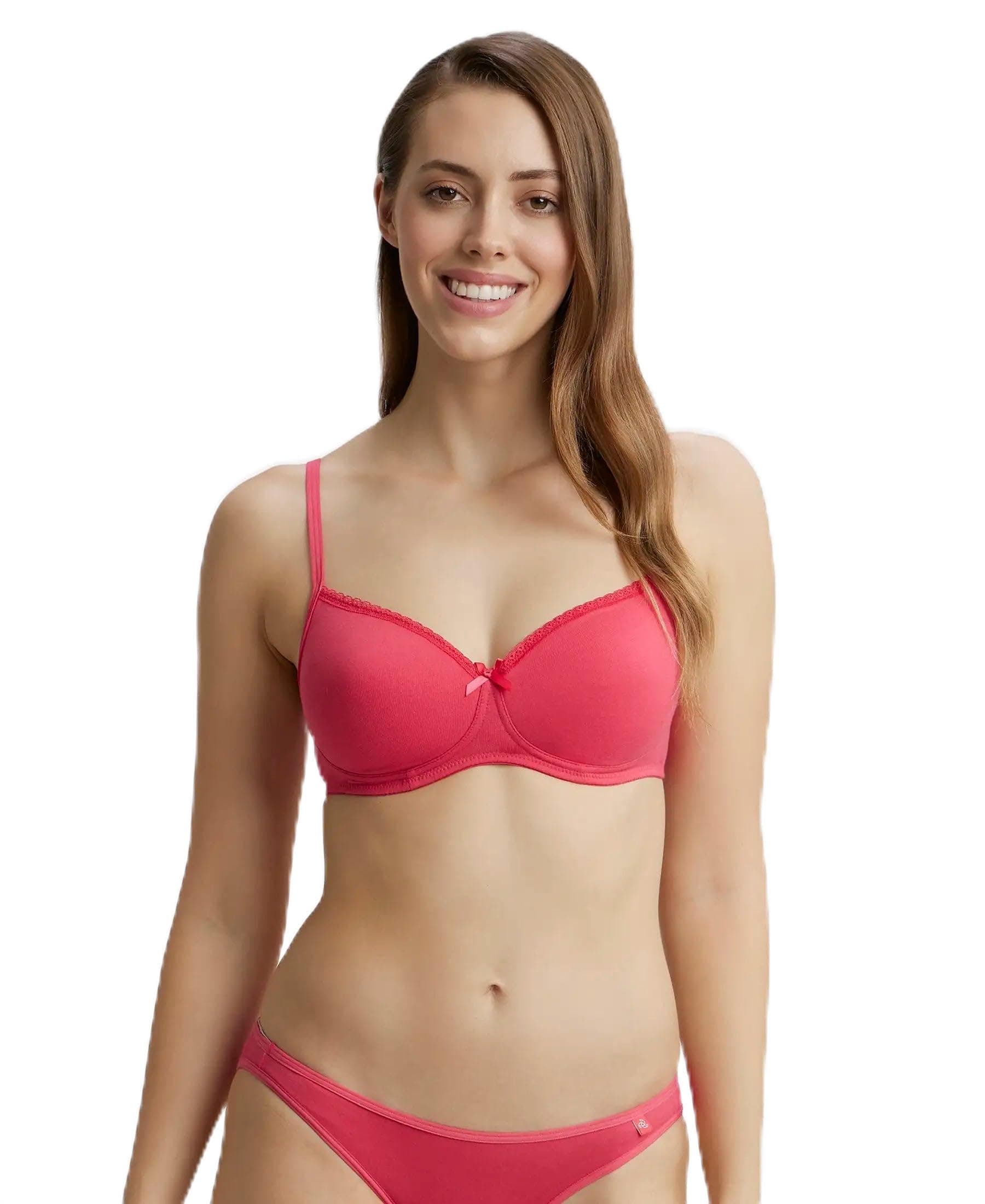 Jockey 1723 Women's Wirefree Padded Super Combed Cotton Elastane Stretch Medium Coverage T-Shirt Bra with Lace Styling_Ruby_36D