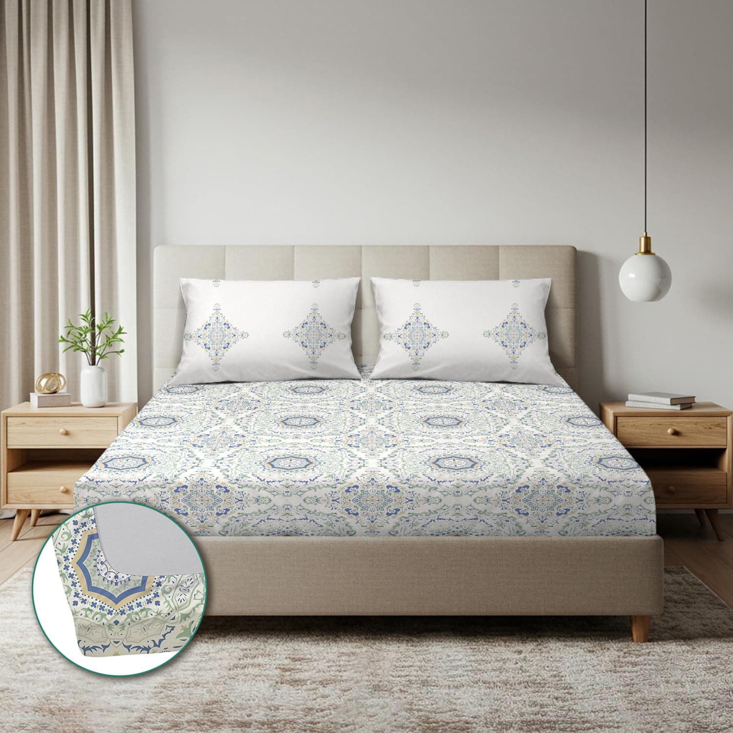 Amazon Brand - Solimo Fitted Bedsheet 144 TC 100% Cotton King Size Fitted Bedsheet with 2 Pillow Covers, Amara | 72Lx78W inch | Pillow 17Lx27W inch