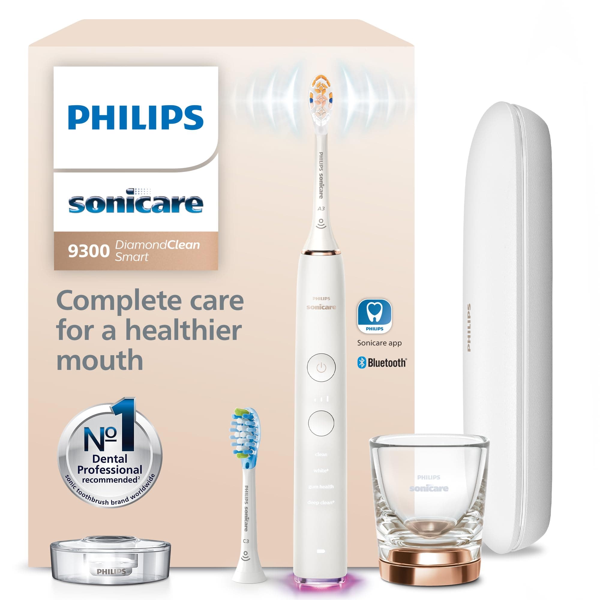 Philips Sonicare DiamondClean Smart 9300 Electric Toothbrush, Sonic Toothbrush with App, Pressure Sensor, Brush Head Detection, 4 Brushing Modes and 3 Intensity Levels, Rosegold, Model HX9903/65