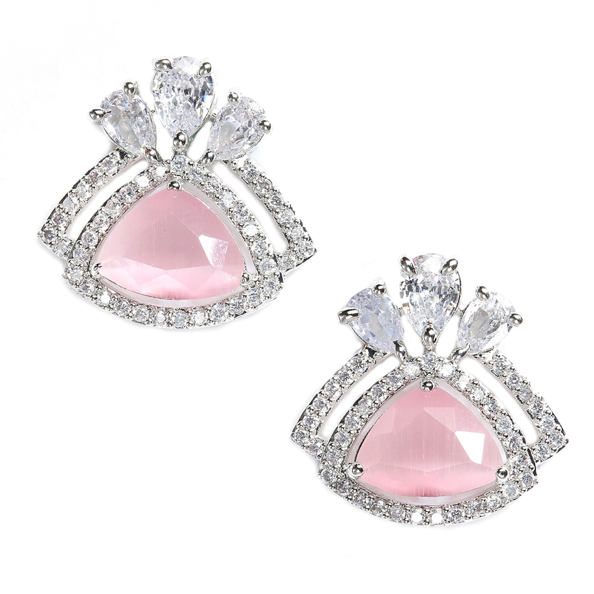 ZENEME Rhodium-Plated Silver-Toned Pink American Diamond Stud Earrings for Women & Girls Geometric Triangle Statement Earring Jewellery