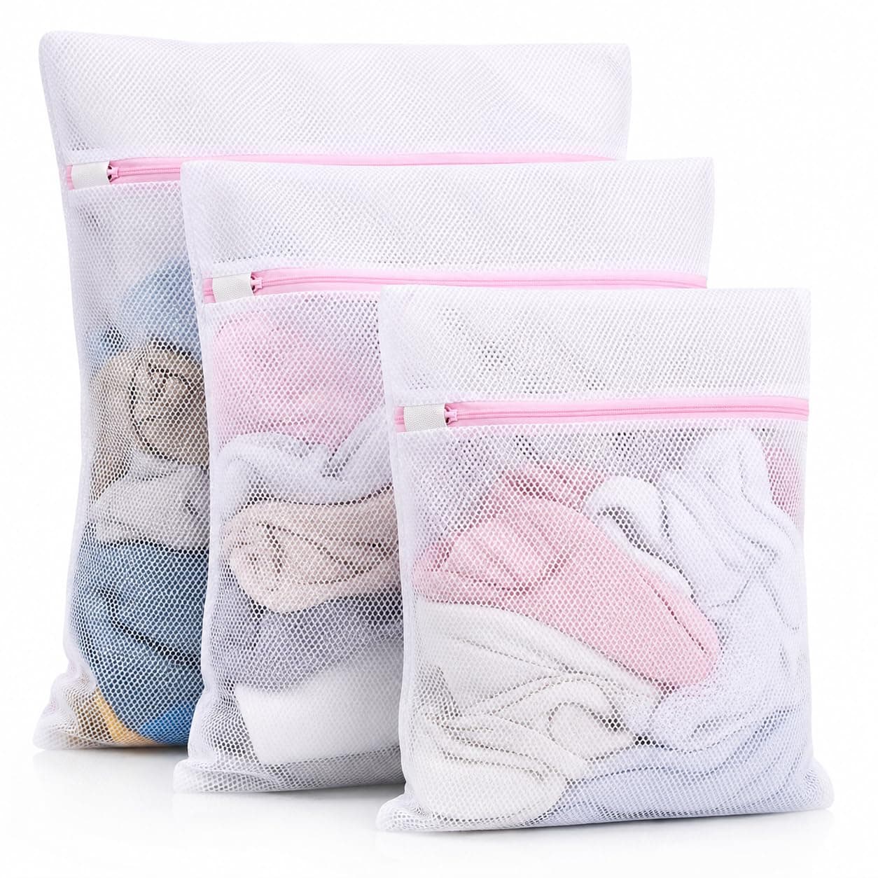 Zollyss Mesh Laundry Bag for Washing Machine, Pack of 3 Wash Bags with Zipper, Reusable Laundry Net Bag for Delicates, Bra, Lingerie, Socks & Baby Clothes, White