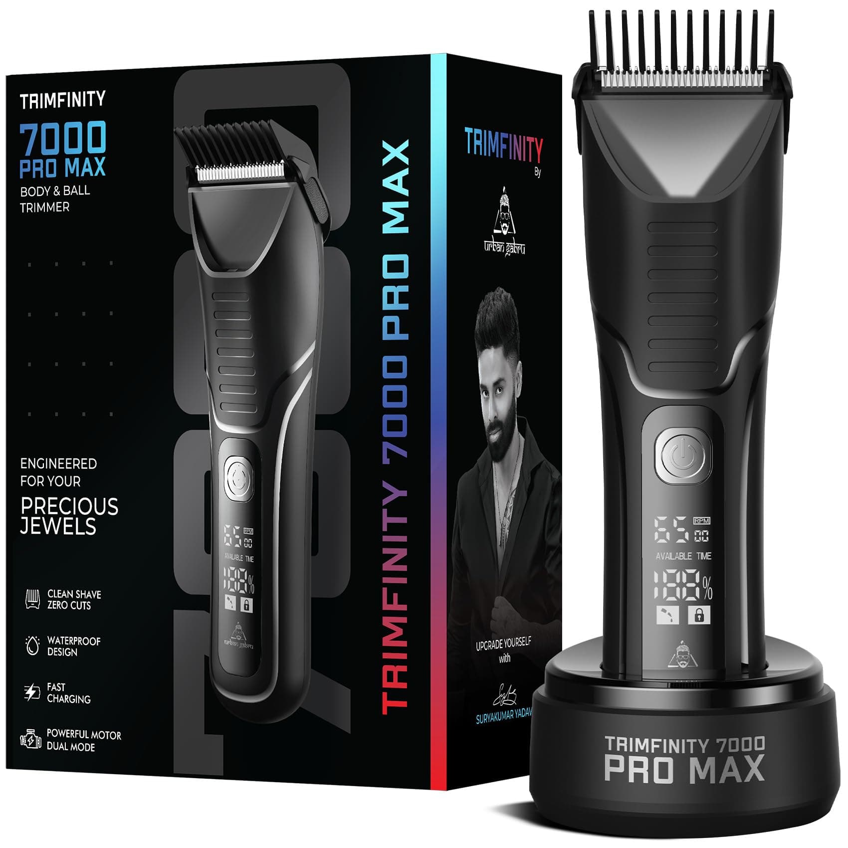 Trimfinity 7000 Pro Max Body Trimmer for Men by Urban Gabru | Rechargeable, Waterproof, Larger Ceramic Blades, Zero Cuts Shave | Safest Body, Underarm & Private Part Trimmer, Pubic Hair Groomer, Gift for man
