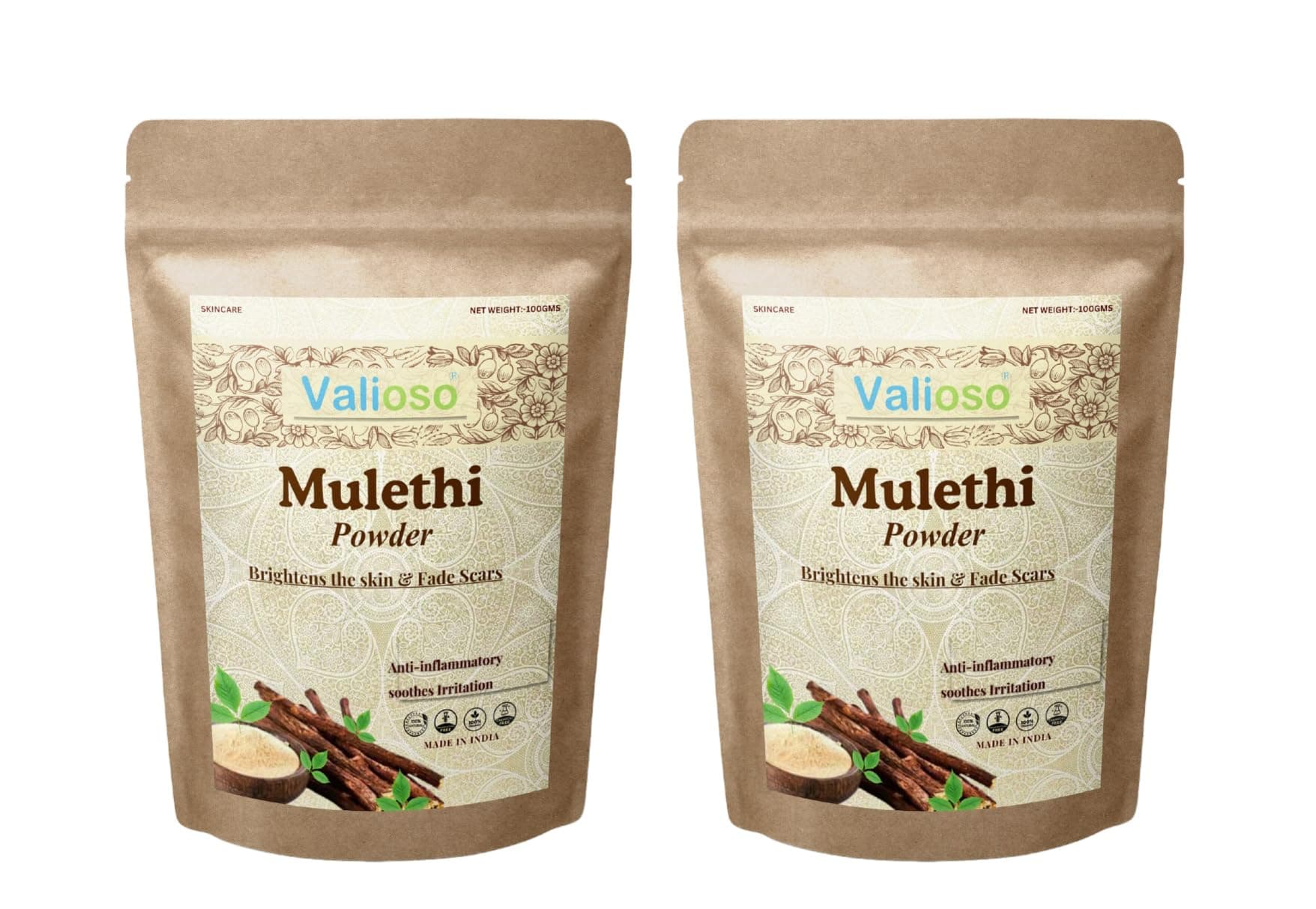 Valioso Mulethi Powder For Body, Skin, Face And Hair Care Combo Pack of 2 (200 Grams), Yashtimadhu Powder, Liquorice Powder