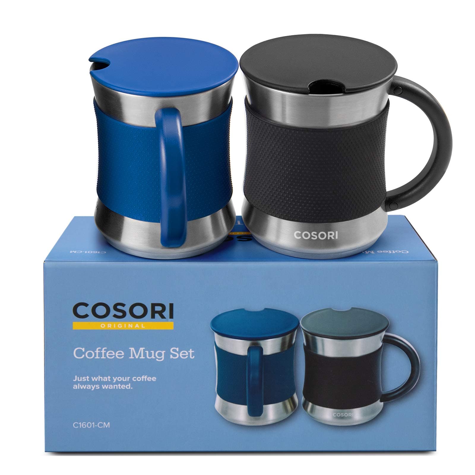 COSORI Coffee Mug With Lids Set Of 2 Stainless Steel Cups With Heat-Resistant Handle & Slip-Resistant Sleeve 17 Oz Best Match W Mug Warmer For Coffee Tea Water Cocoa Milk C1601-Cm Black & Blue 17 ounc