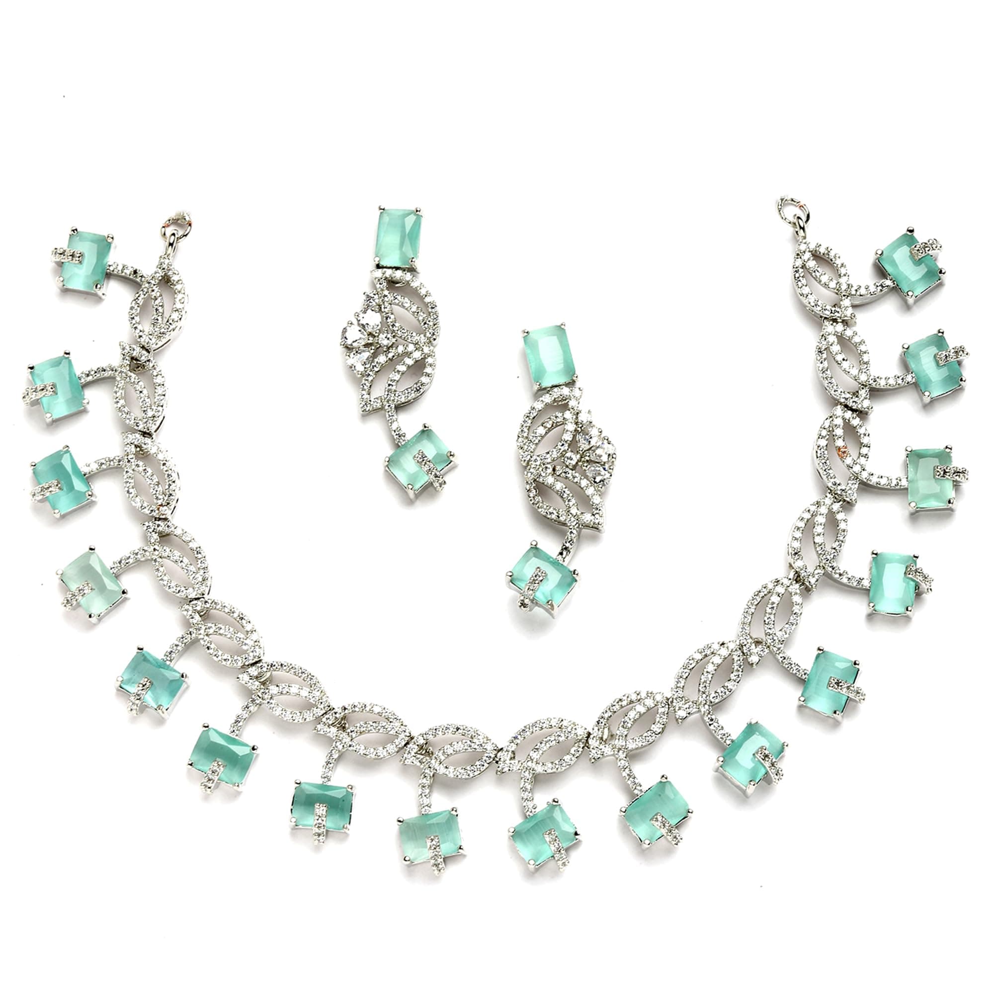 ZENEME Rhodium-Plated with Silver-Toned Leaf Design White American Diamond Studded Jewellery Set
