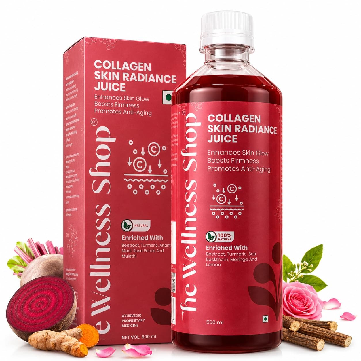 The Wellness Shop Skin Radiance Collagen Juice – 500ml | Collagen + Biotin + Hyaluronic Acid + Vitamin C | Anti-Aging Skin Support | Hair & Nail Growth | Daily Beauty Supplement | No Added Sugar