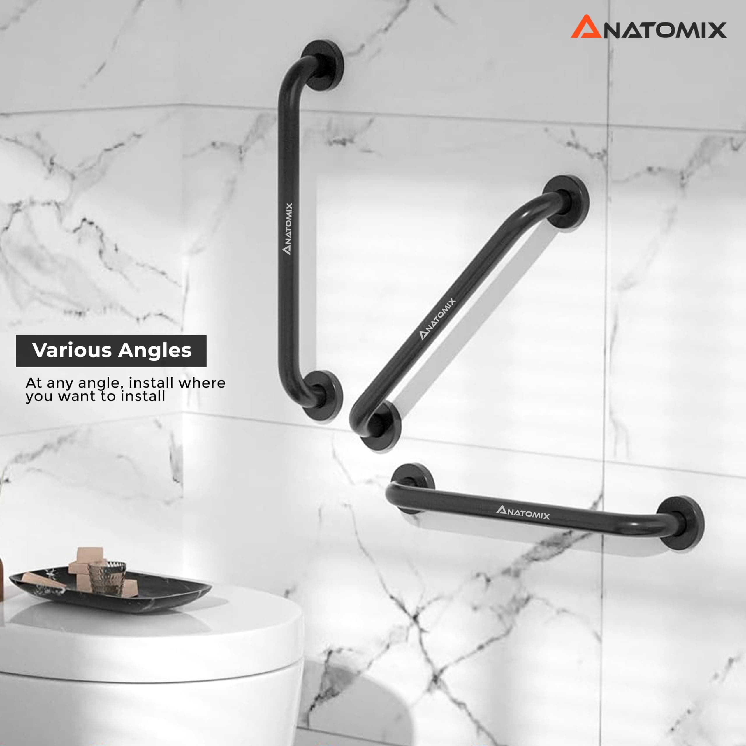 Anatomix 304 Grade Stainless Steel Heavy Duty Toilet Grab bar Handrails Bathroom Safety Bar Hand Support - 12 Inch Black Pack of 1