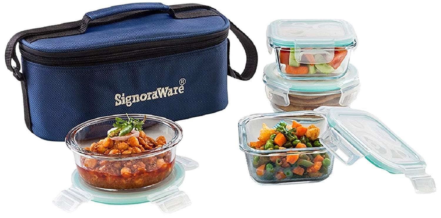 Signoraware Double Decker Glass Lunch Box Set, 4-Pieces, Clear