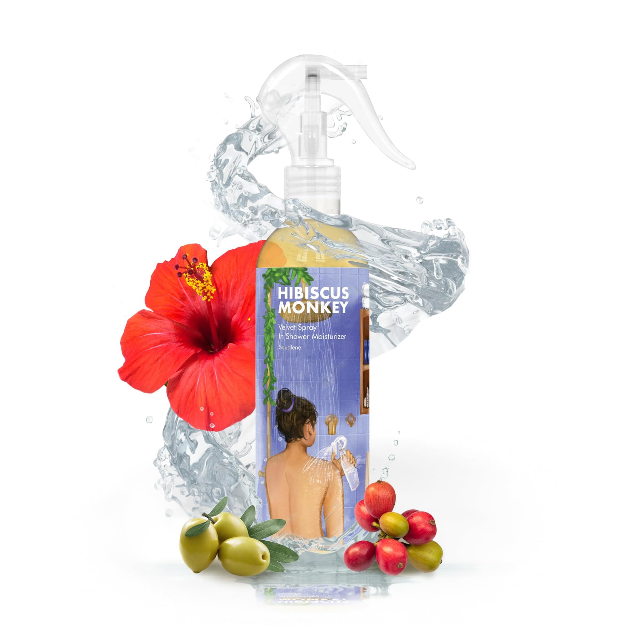 HIBISCUS MONKEY Velvet Spray Squalene In Shower Body Moisturizer | Olive Squalane, Castor Oil, Plant Salicylic (0.3%) | Intensive Moisturization For Dry Skin, Bumpy Skin| 250 Ml