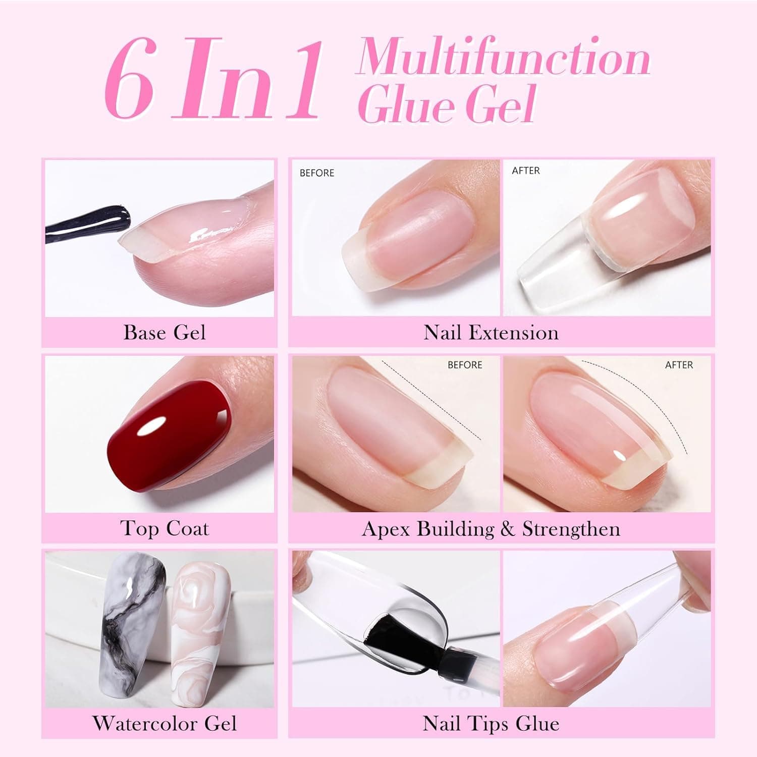 NAILWIND Gel Nail Glue, 6 in 1 UV Gel Glue for Nail Tips Need UV Light, Strong Adhesive for Press on Nails Acrylic Tips for Nail Art Design 15ml