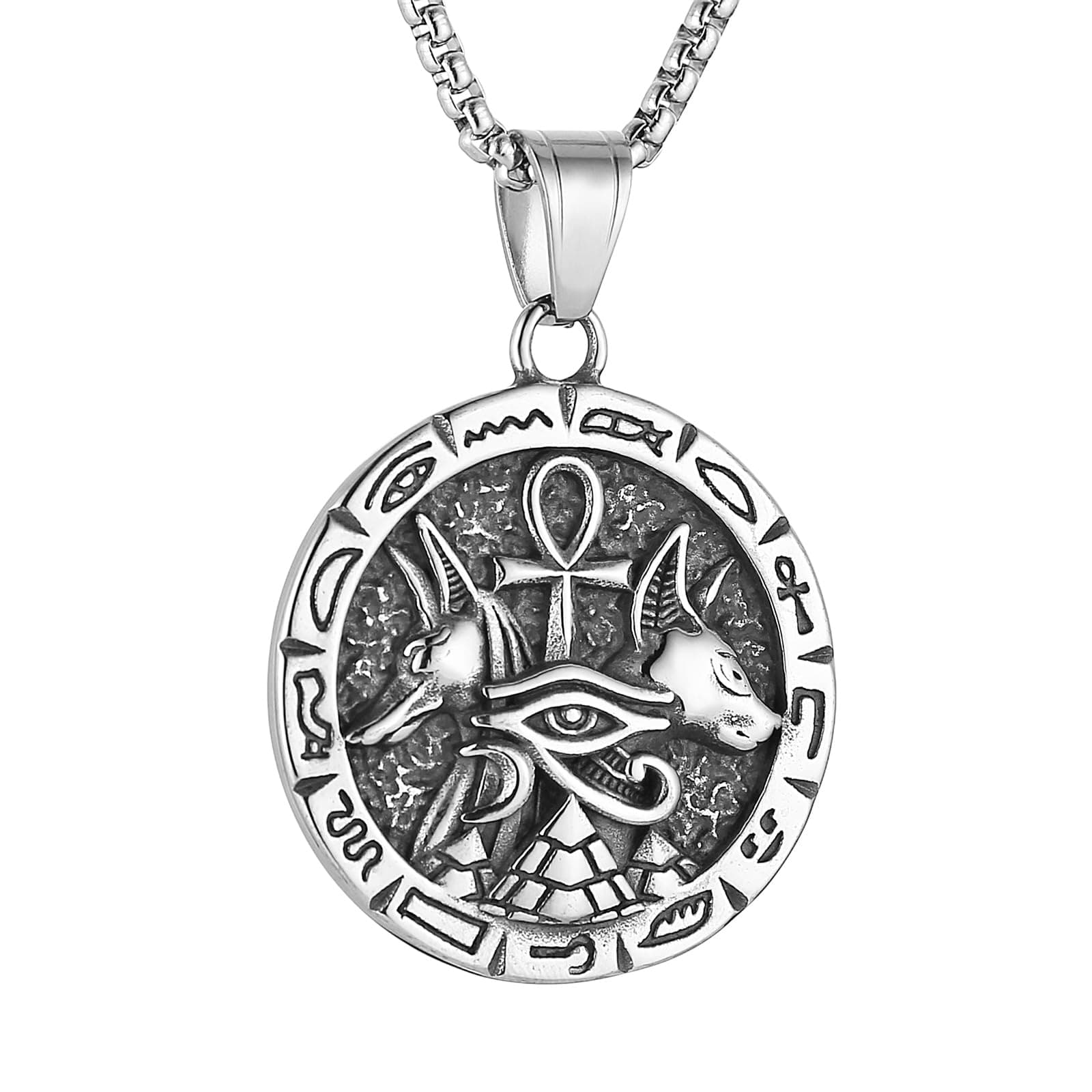 HZMAN Ancient Egyptian Symbol Necklace for Men Women Stainless Steel Retro Eye of Horus Pyramid Coptic Ankh Cross Anubis Round Pendant Necklace, One Size, Metal, No Gemstone
